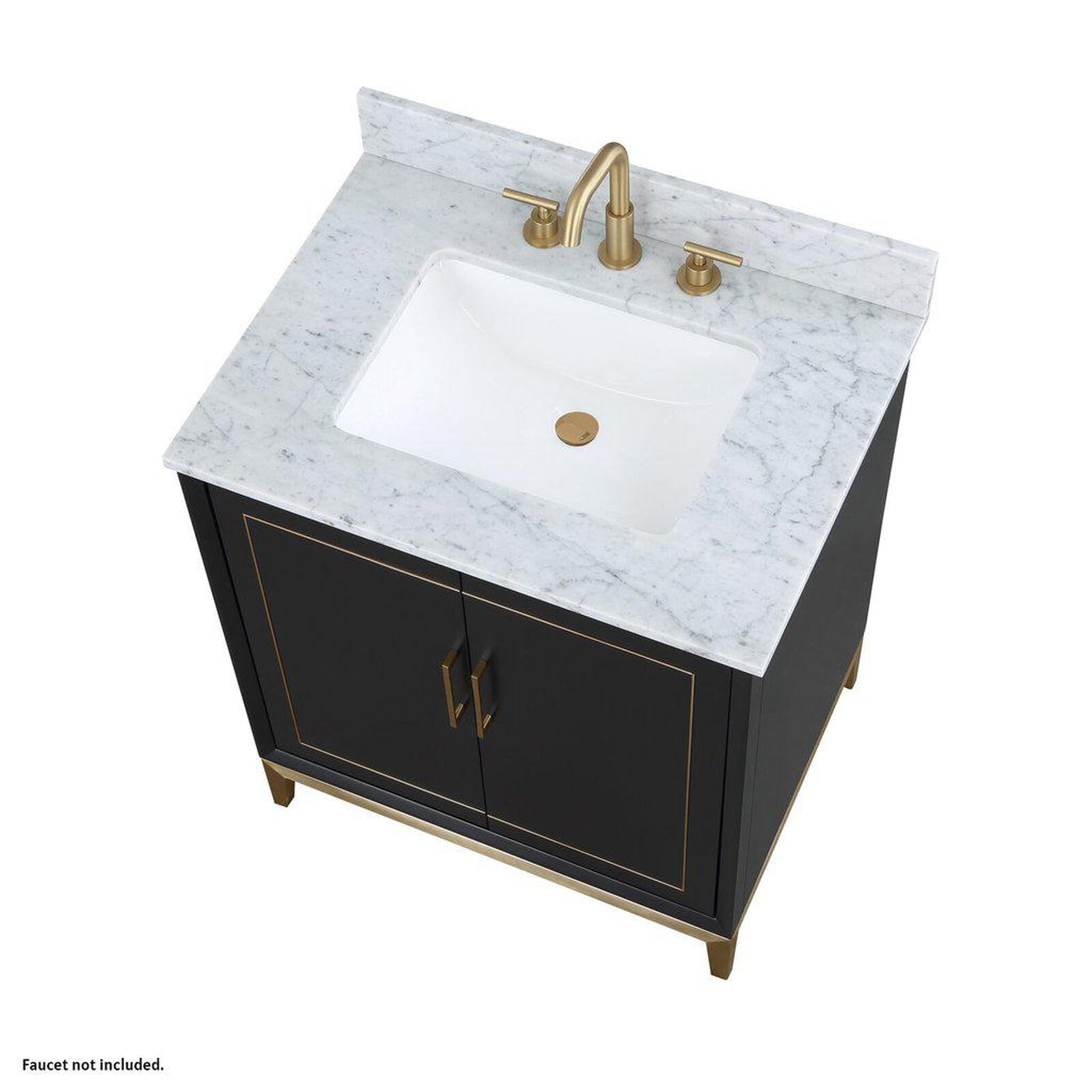 Bemma Design, Bemma Design Gracie 30" Midnight Black Solid Wood Freestanding Bathroom Vanity With Single 3-Hole Italian Carra Marble Vanity Top, Rectangle Undermount Sink, Backsplash and Satin Brass Trim