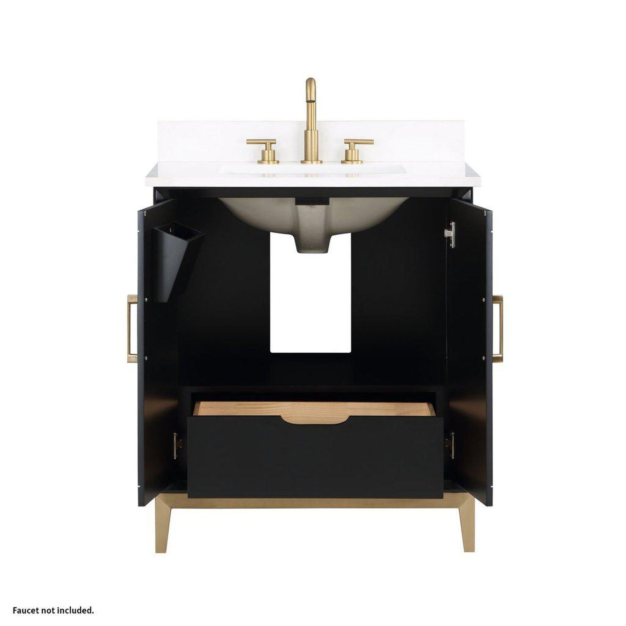 Bemma Design, Bemma Design Gracie 30" Midnight Black Solid Wood Freestanding Bathroom Vanity With Single 3-Hole White Quartz Vanity Top, Rectangle Undermount Sink, Backsplash and Satin Brass Trim