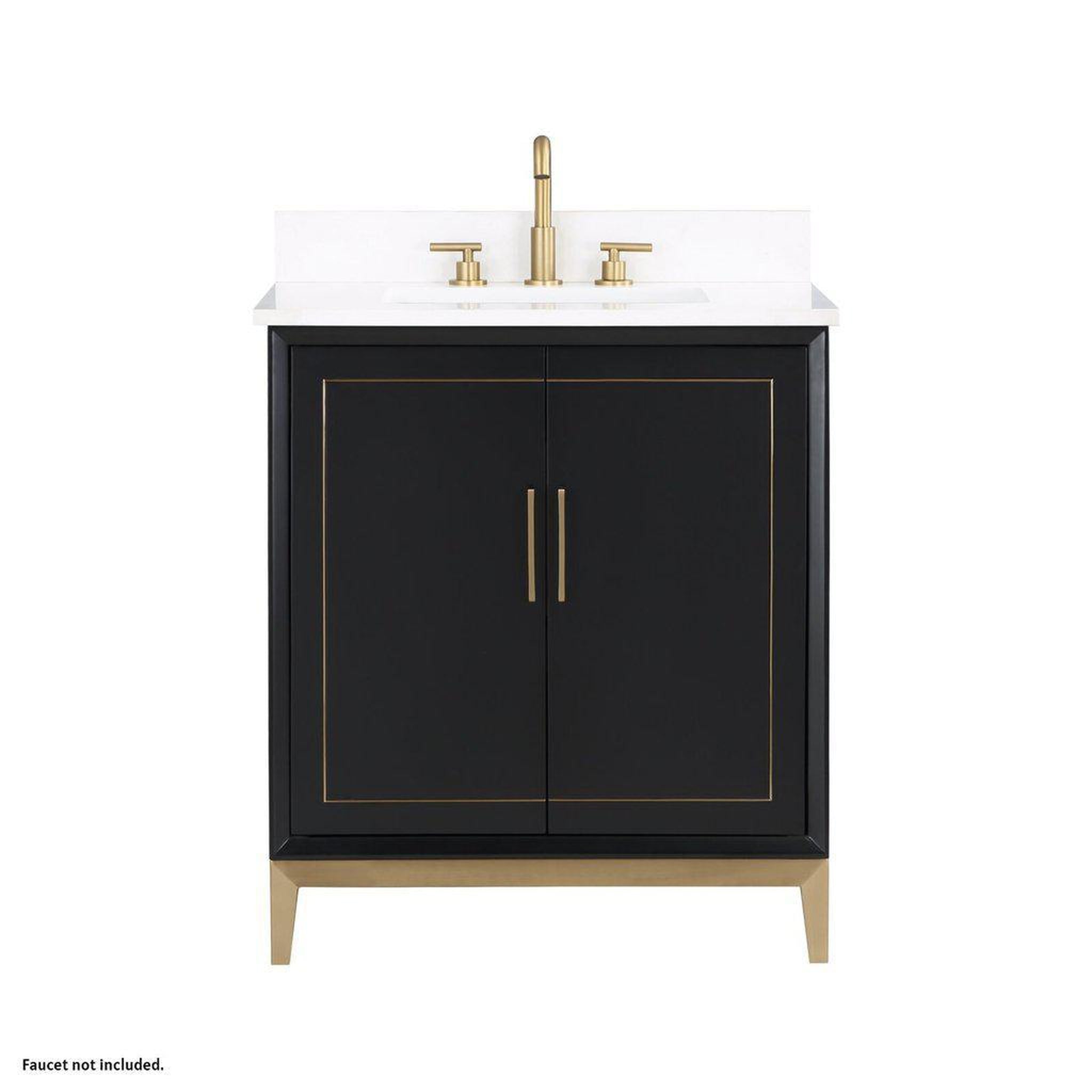 Bemma Design, Bemma Design Gracie 30" Midnight Black Solid Wood Freestanding Bathroom Vanity With Single 3-Hole White Quartz Vanity Top, Rectangle Undermount Sink, Backsplash and Satin Brass Trim