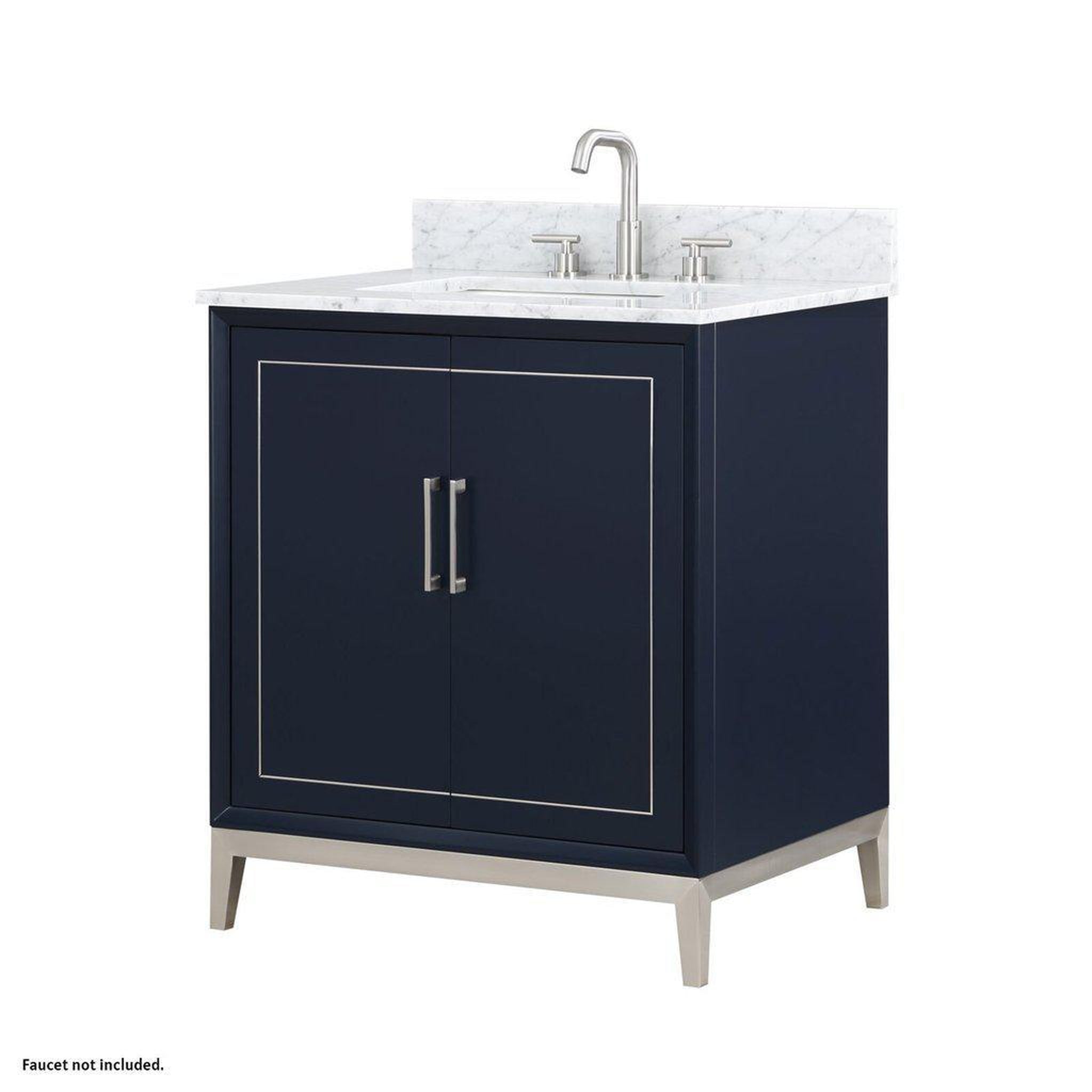 Bemma Design, Bemma Design Gracie 30" Pacific Blue Solid Wood Freestanding Bathroom Vanity With Single 3-Hole Italian Carra Marble Vanity Top, Rectangle Undermount Sink, Backsplash and Brushed Nickel Trim