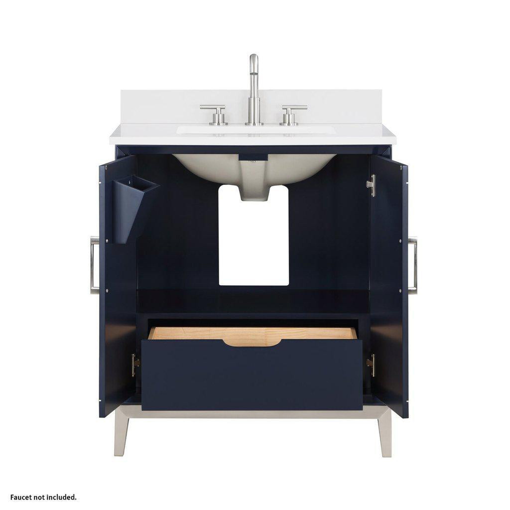 Bemma Design, Bemma Design Gracie 30" Pacific Blue Solid Wood Freestanding Bathroom Vanity With Single 3-Hole White Quartz Vanity Top, Rectangle Undermount Sink, Backsplash and Brushed Nickel Trim