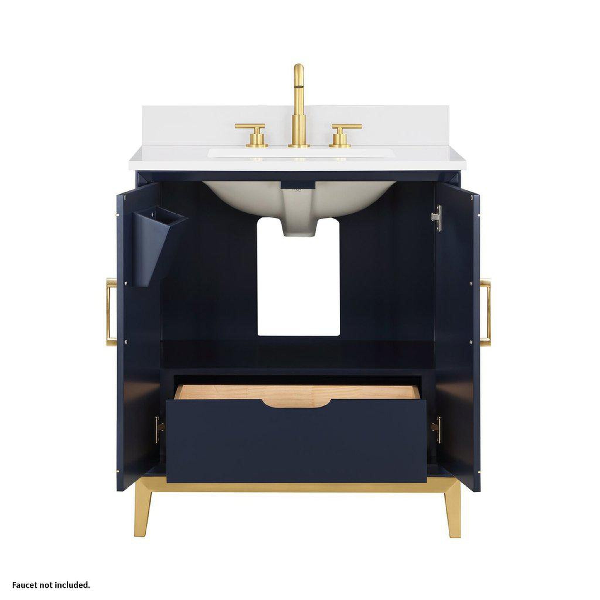 Bemma Design, Bemma Design Gracie 30" Pacific Blue Solid Wood Freestanding Bathroom Vanity With Single 3-Hole White Quartz Vanity Top, Rectangle Undermount Sink, Backsplash and Satin Brass Trim