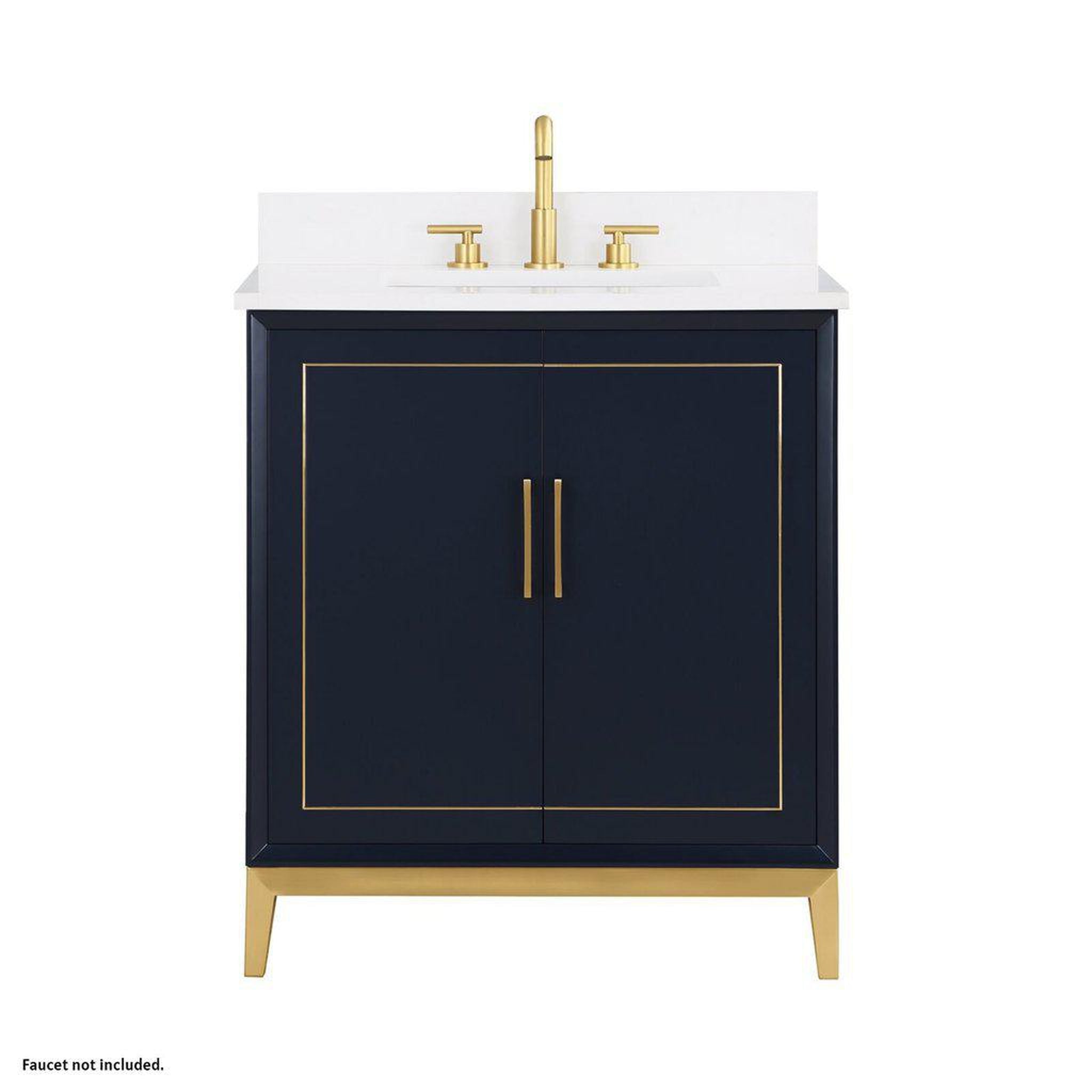 Bemma Design, Bemma Design Gracie 30" Pacific Blue Solid Wood Freestanding Bathroom Vanity With Single 3-Hole White Quartz Vanity Top, Rectangle Undermount Sink, Backsplash and Satin Brass Trim