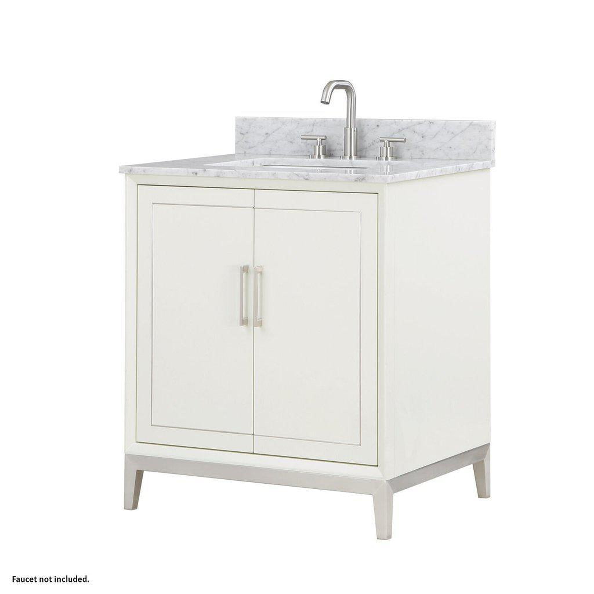 Bemma Design, Bemma Design Gracie 30" Satin White Solid Wood Freestanding Bathroom Vanity With Single 3-Hole Italian Carra Marble Vanity Top, Rectangle Undermount Sink, Backsplash and Brushed Nickel Trim