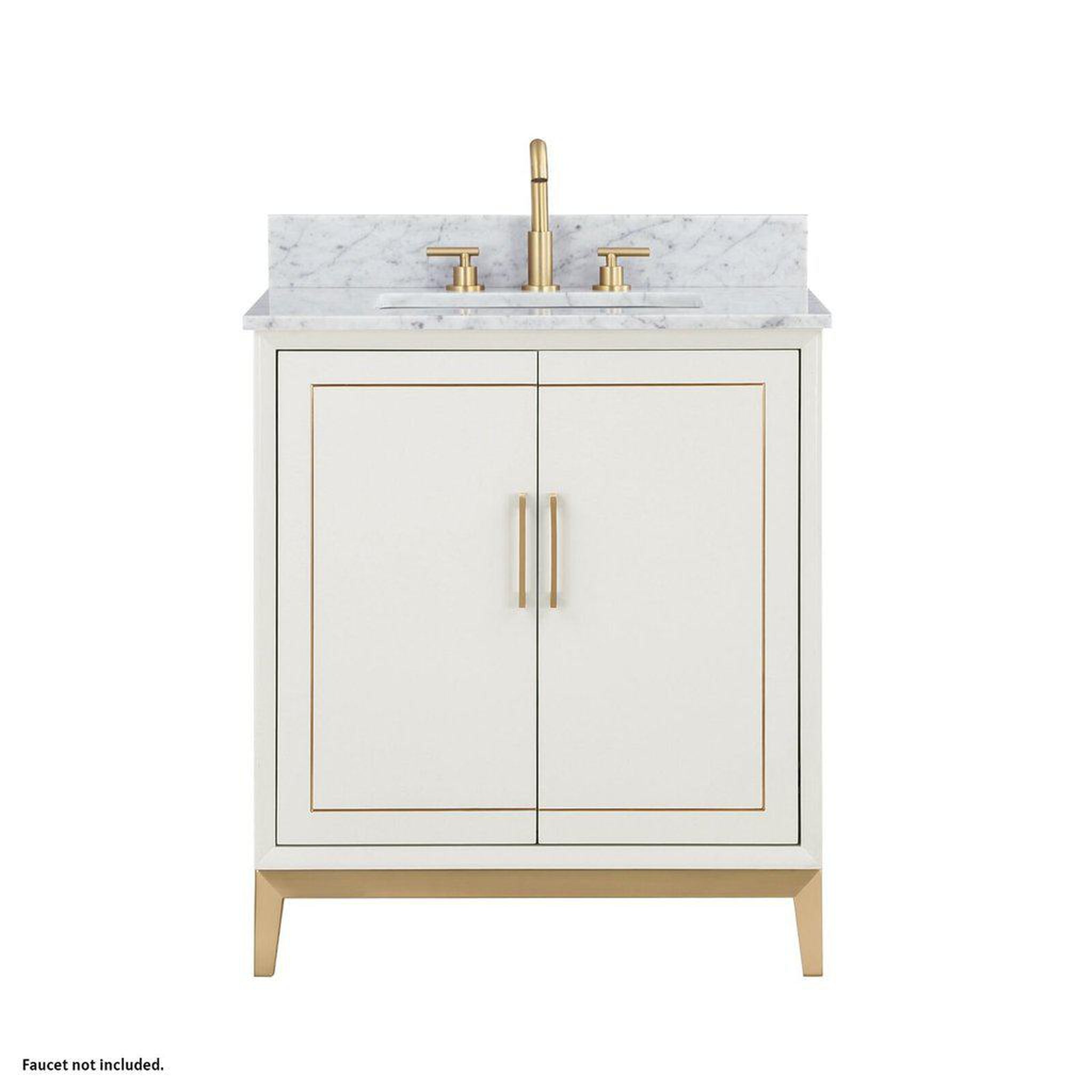 Bemma Design, Bemma Design Gracie 30" Satin White Solid Wood Freestanding Bathroom Vanity With Single 3-Hole Italian Carra Marble Vanity Top, Rectangle Undermount Sink, Backsplash and Satin Brass Trim