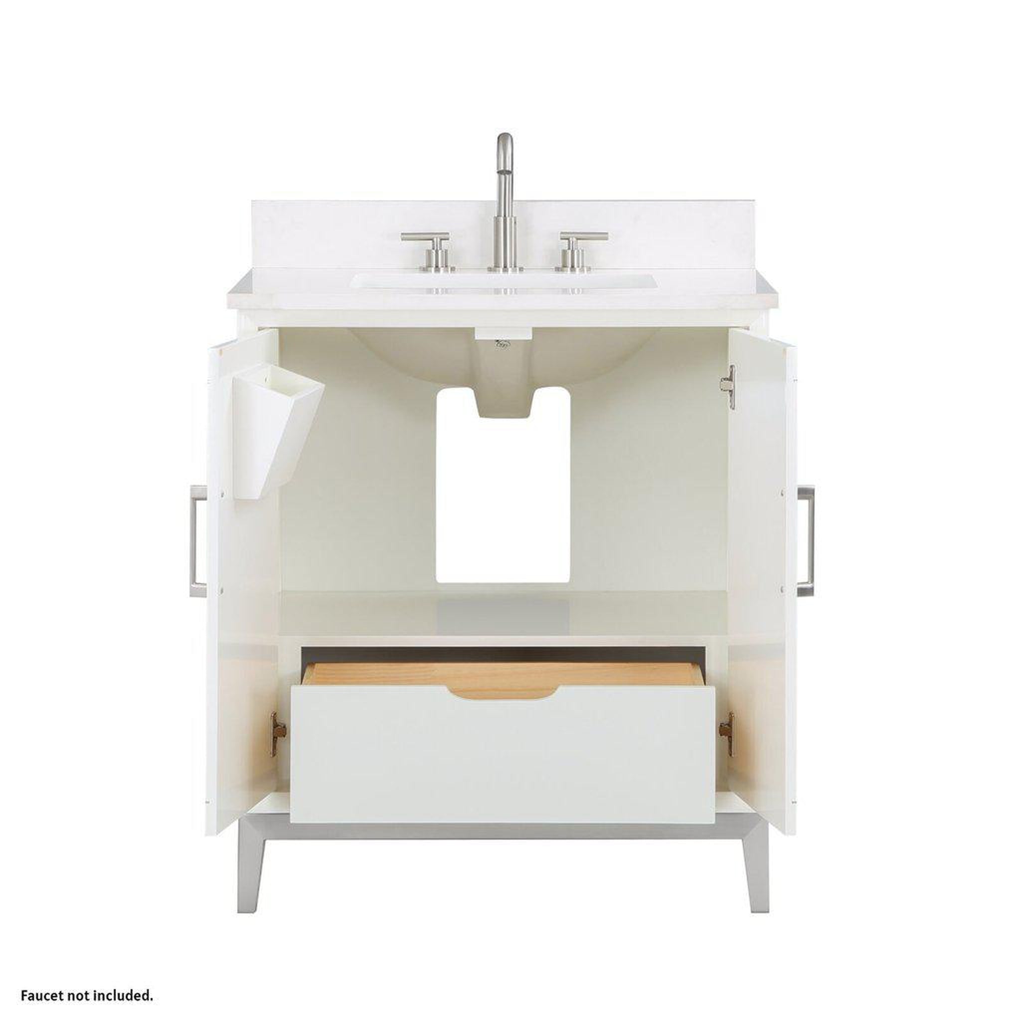 Bemma Design, Bemma Design Gracie 30" Satin White Solid Wood Freestanding Bathroom Vanity With Single 3-Hole White Quartz Vanity Top, Rectangle Undermount Sink, Backsplash and Brushed Nickel Trim