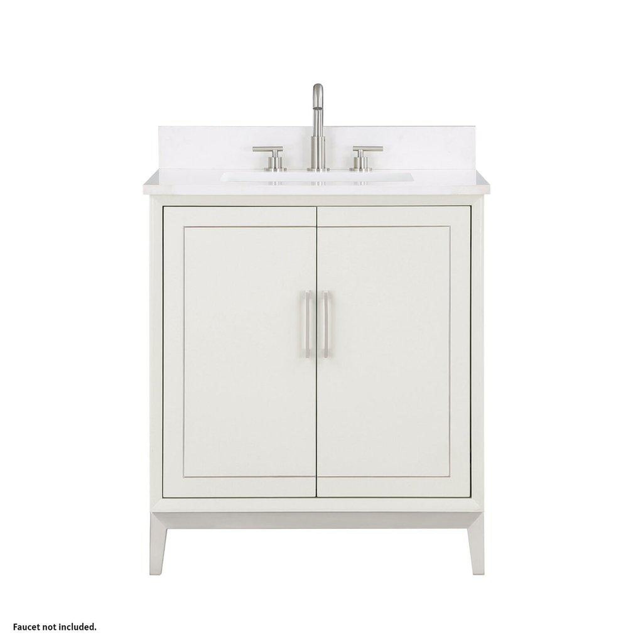 Bemma Design, Bemma Design Gracie 30" Satin White Solid Wood Freestanding Bathroom Vanity With Single 3-Hole White Quartz Vanity Top, Rectangle Undermount Sink, Backsplash and Brushed Nickel Trim