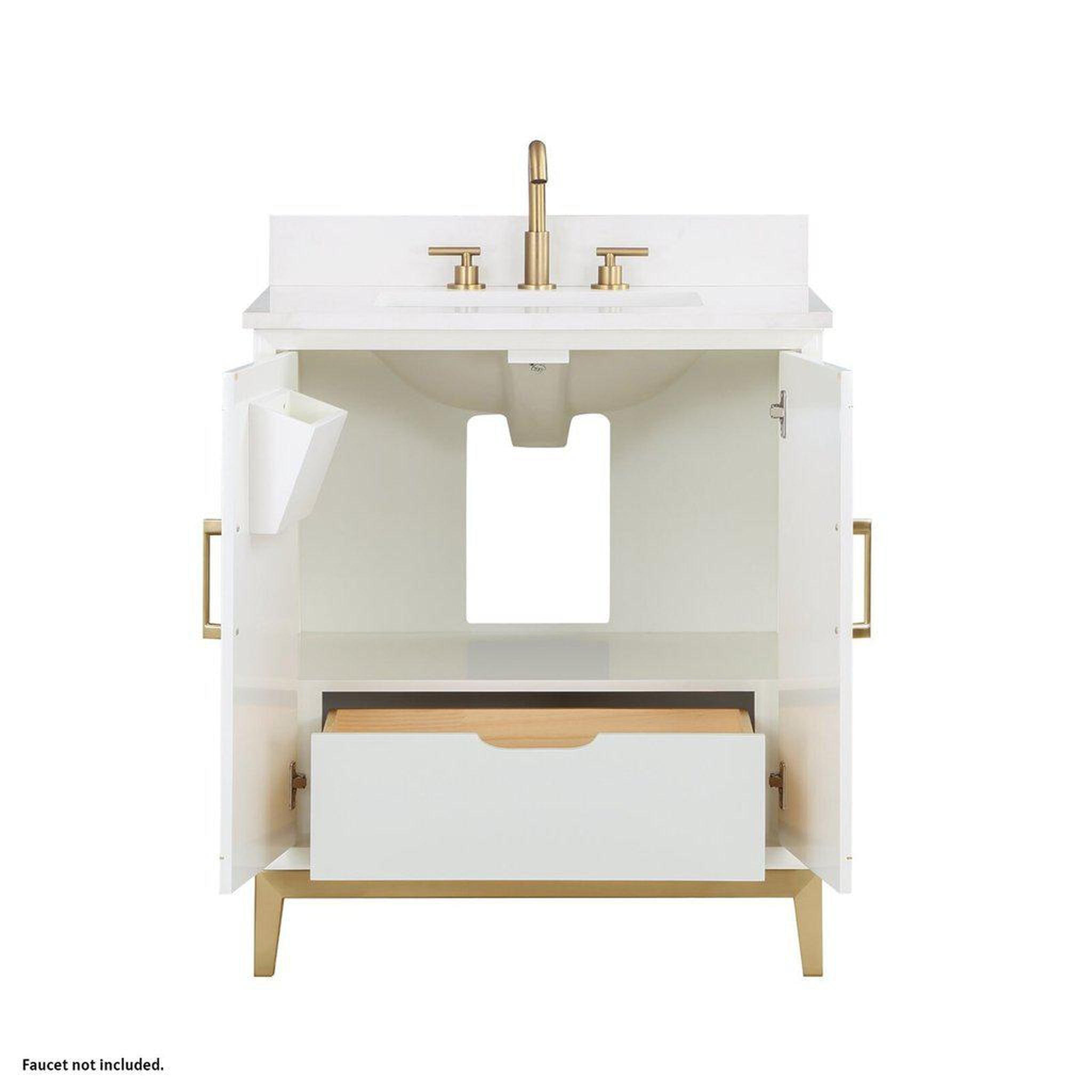 Bemma Design, Bemma Design Gracie 30" Satin White Solid Wood Freestanding Bathroom Vanity With Single 3-Hole White Quartz Vanity Top, Rectangle Undermount Sink, Backsplash and Satin Brass Trim