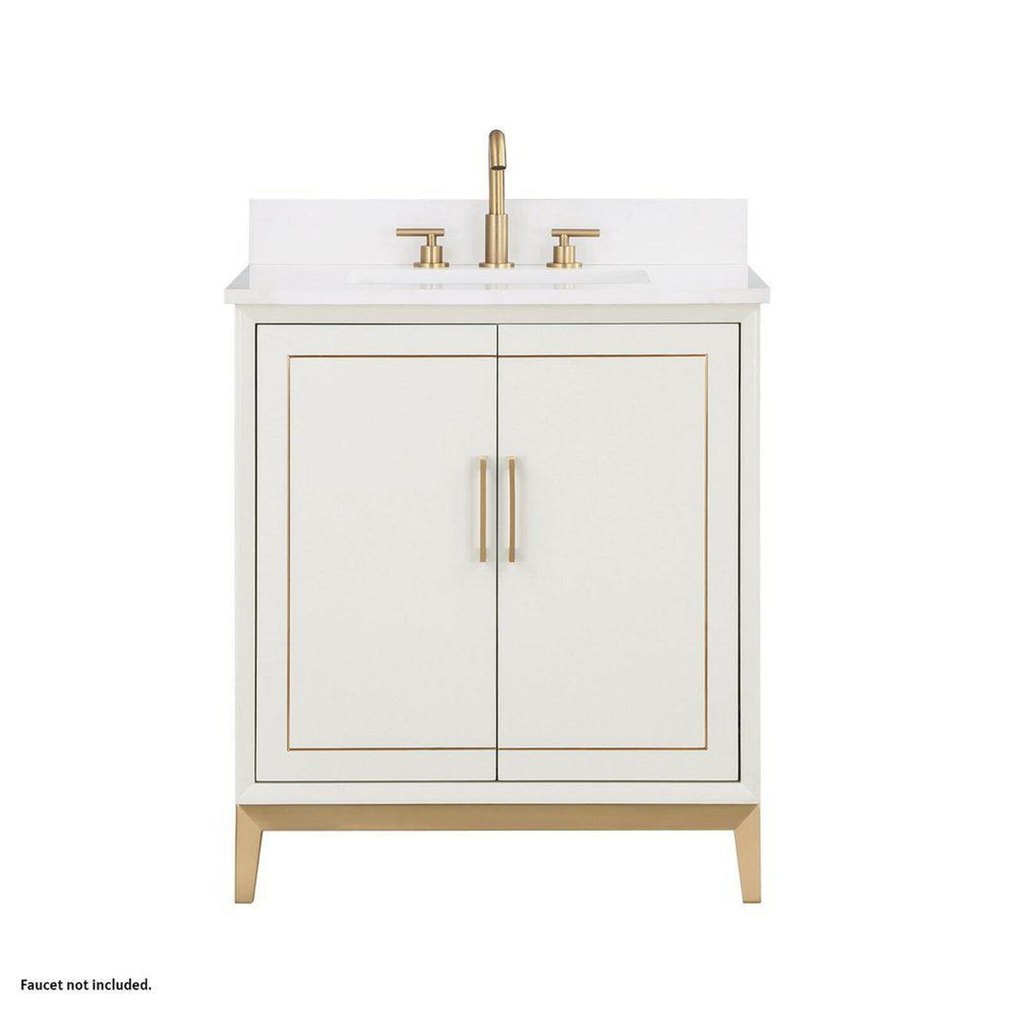 Bemma Design, Bemma Design Gracie 30" Satin White Solid Wood Freestanding Bathroom Vanity With Single 3-Hole White Quartz Vanity Top, Rectangle Undermount Sink, Backsplash and Satin Brass Trim