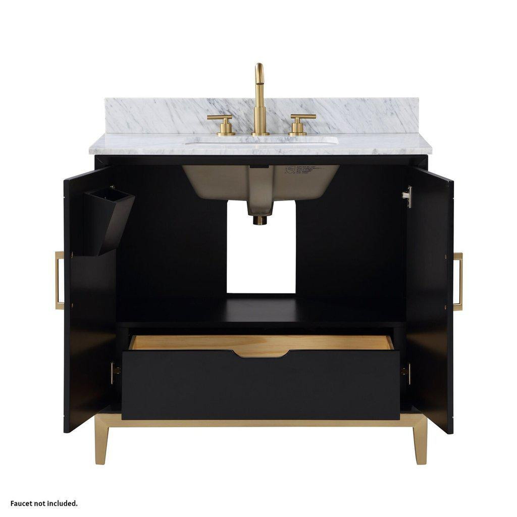 Bemma Design, Bemma Design Gracie 36" Midnight Black Solid Wood Freestanding Bathroom Vanity With Single 3-Hole Italian Carra Marble Vanity Top, Rectangle Undermount Sink, Backsplash and Satin Brass Trim