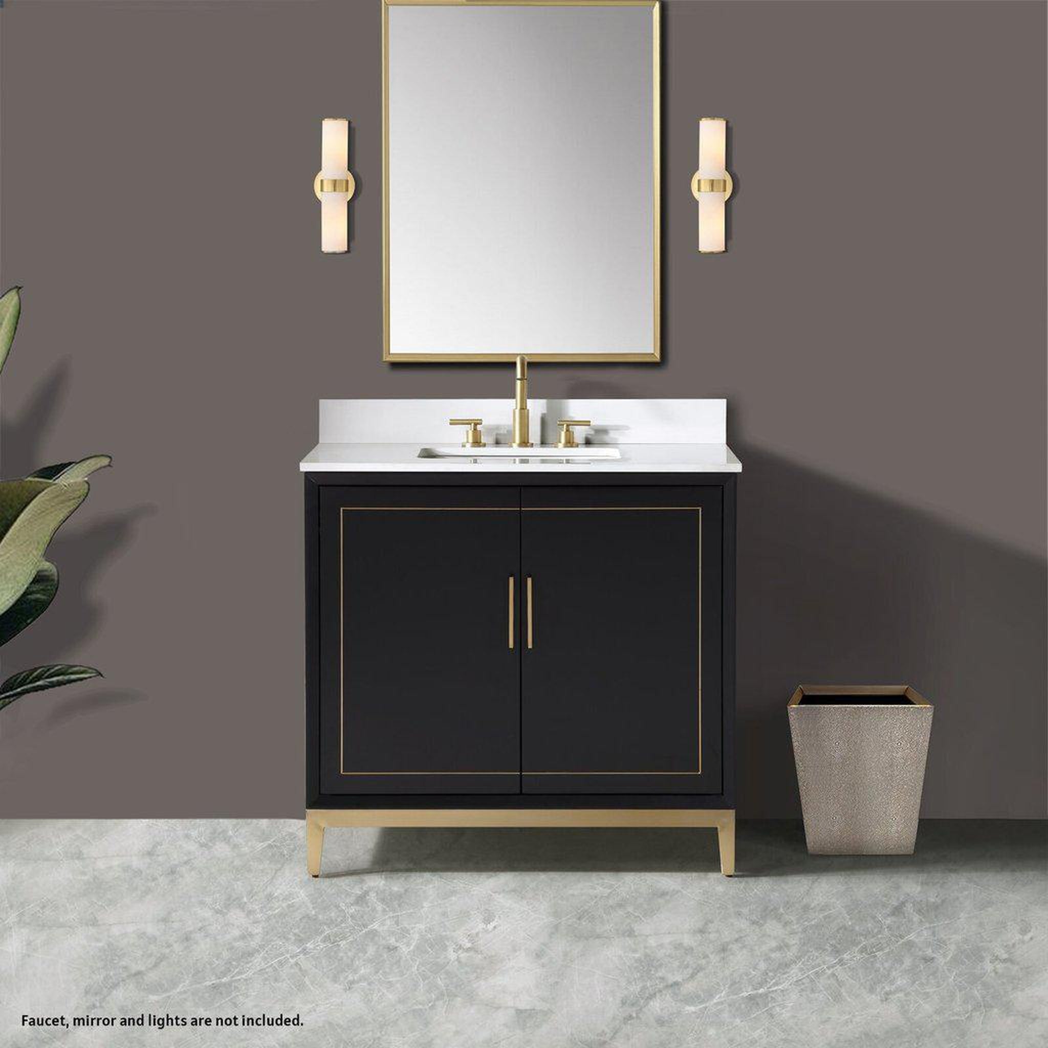 Bemma Design, Bemma Design Gracie 36" Midnight Black Solid Wood Freestanding Bathroom Vanity With Single 3-Hole White Quartz Vanity Top, Rectangle Undermount Sink, Backsplash and Satin Brass Trim