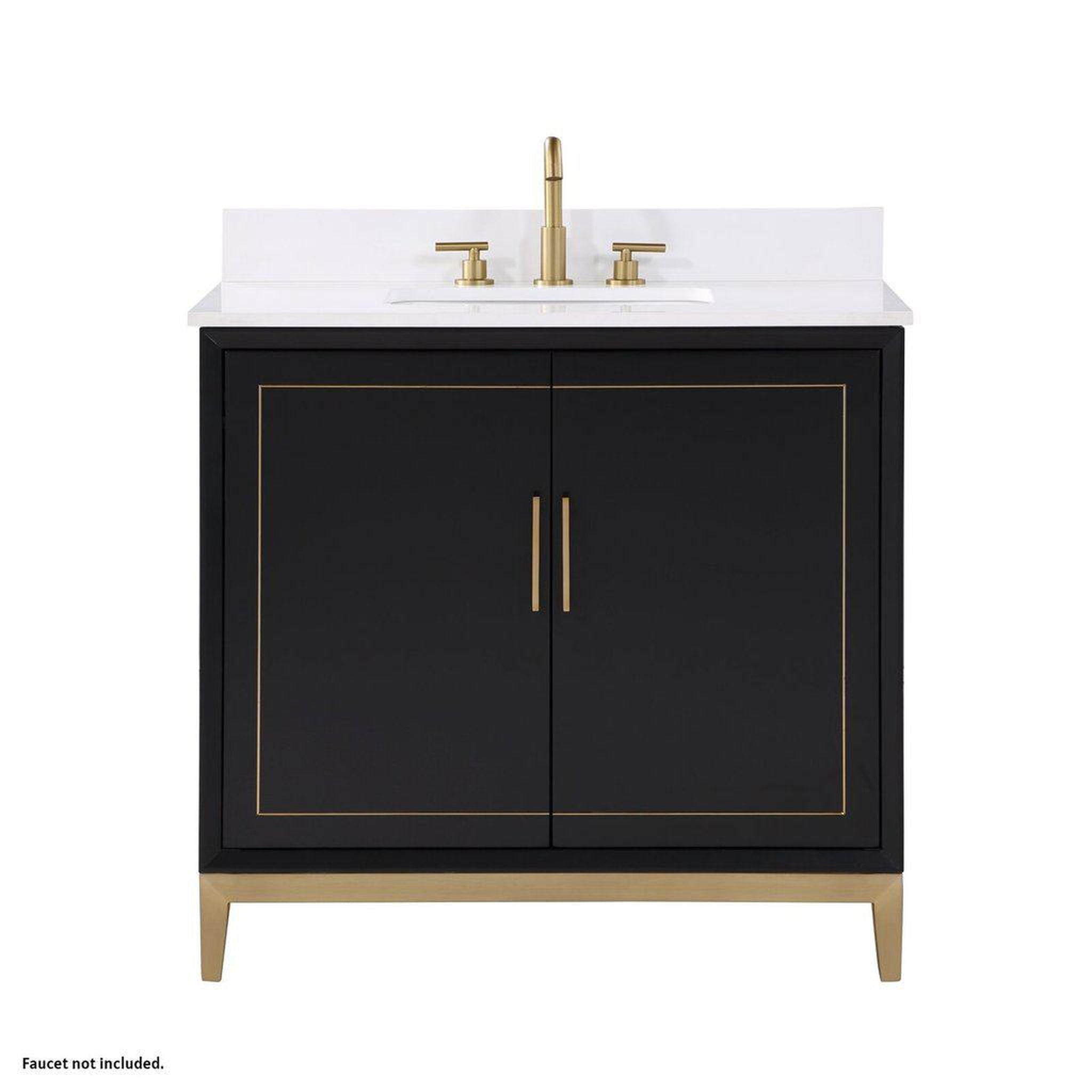 Bemma Design, Bemma Design Gracie 36" Midnight Black Solid Wood Freestanding Bathroom Vanity With Single 3-Hole White Quartz Vanity Top, Rectangle Undermount Sink, Backsplash and Satin Brass Trim