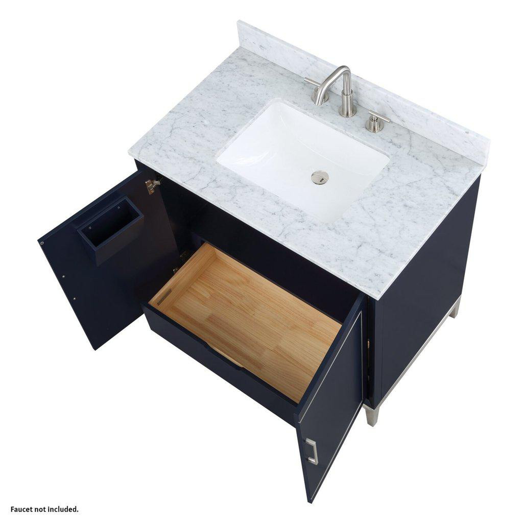 Bemma Design, Bemma Design Gracie 36" Pacific Blue Solid Wood Freestanding Bathroom Vanity With Single 3-Hole Italian Carra Marble Vanity Top, Rectangle Undermount Sink, Backsplash and Brushed Nickel Trim