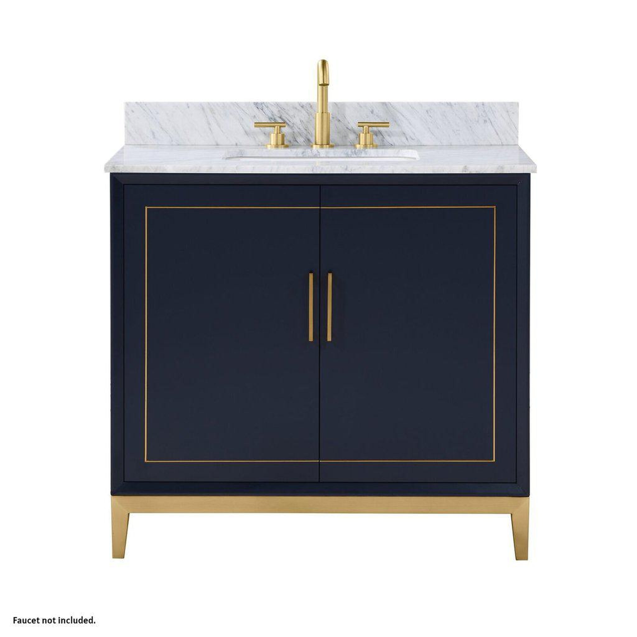 Bemma Design, Bemma Design Gracie 36" Pacific Blue Solid Wood Freestanding Bathroom Vanity With Single 3-Hole Italian Carra Marble Vanity Top, Rectangle Undermount Sink, Backsplash and Satin Brass Trim