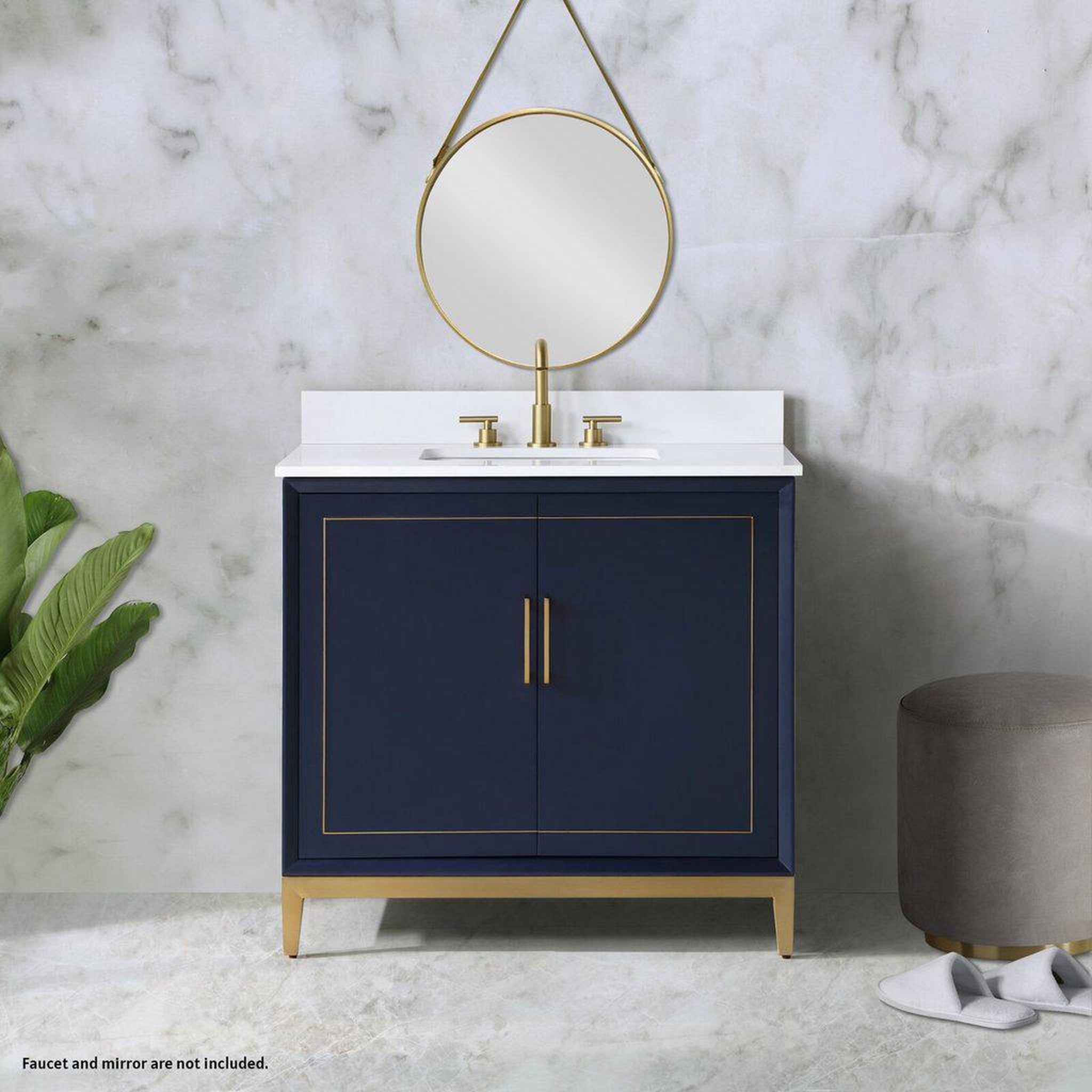 Bemma Design, Bemma Design Gracie 36" Pacific Blue Solid Wood Freestanding Bathroom Vanity With Single 3-Hole White Quartz Vanity Top, Rectangle Undermount Sink, Backsplash and Satin Brass Trim