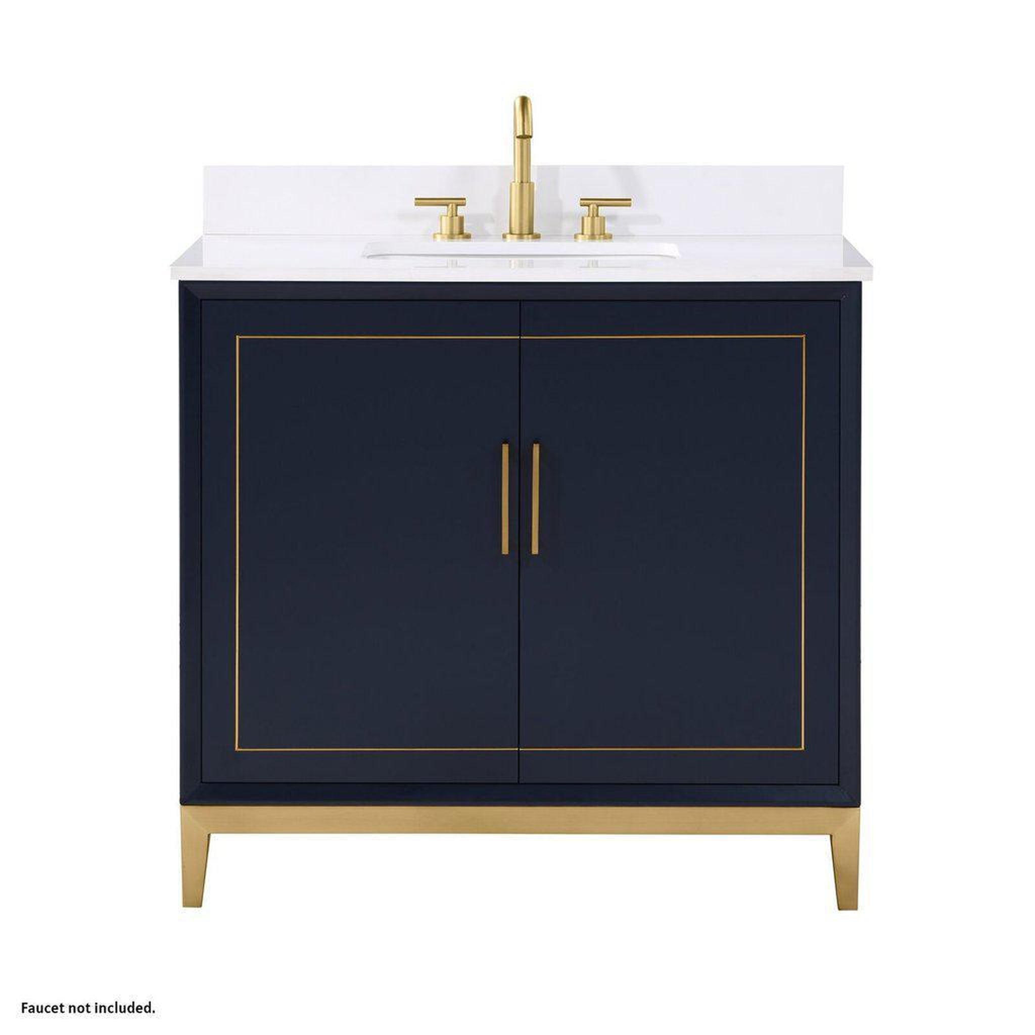 Bemma Design, Bemma Design Gracie 36" Pacific Blue Solid Wood Freestanding Bathroom Vanity With Single 3-Hole White Quartz Vanity Top, Rectangle Undermount Sink, Backsplash and Satin Brass Trim