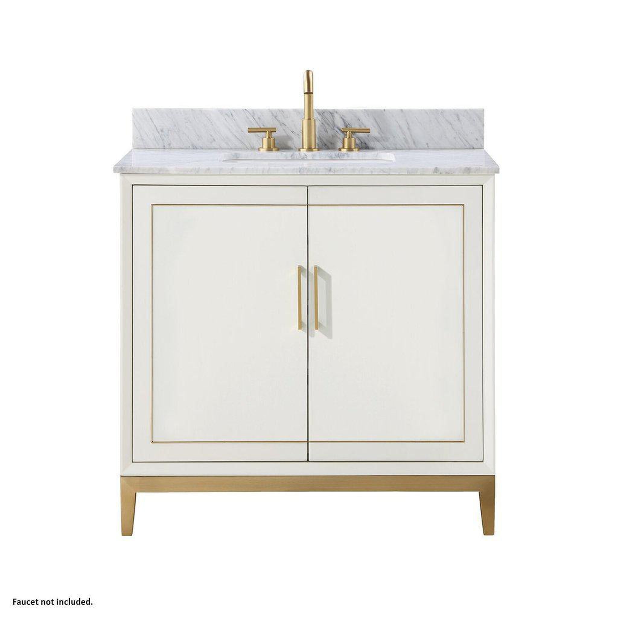 Bemma Design, Bemma Design Gracie 36" Satin White Solid Wood Freestanding Bathroom Vanity With Single 3-Hole Italian Carra Marble Vanity Top, Rectangle Undermount Sink, Backsplash and Satin Brass Trim