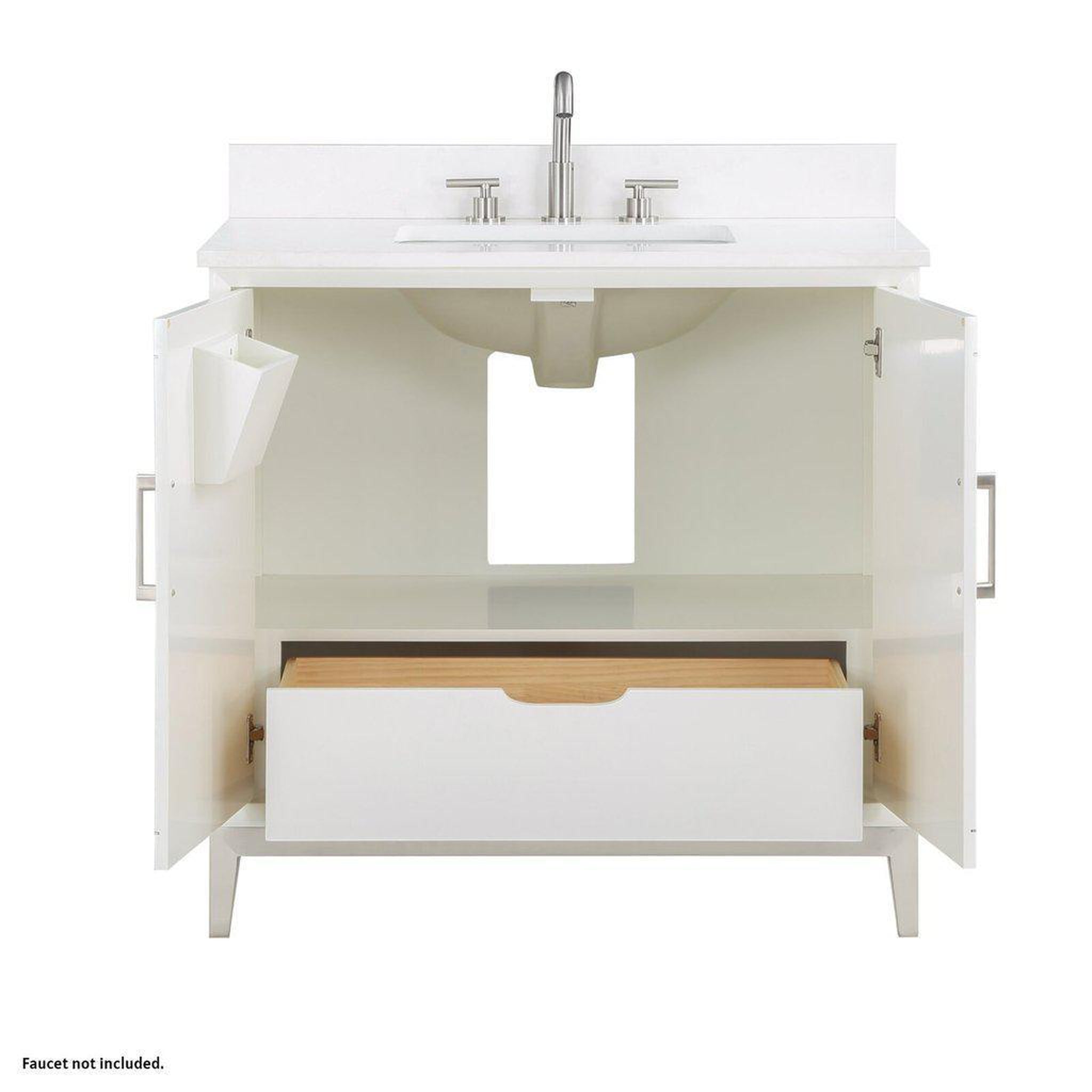 Bemma Design, Bemma Design Gracie 36" Satin White Solid Wood Freestanding Bathroom Vanity With Single 3-Hole White Quartz Vanity Top, Rectangle Undermount Sink, Backsplash and Brushed Nickel Trim