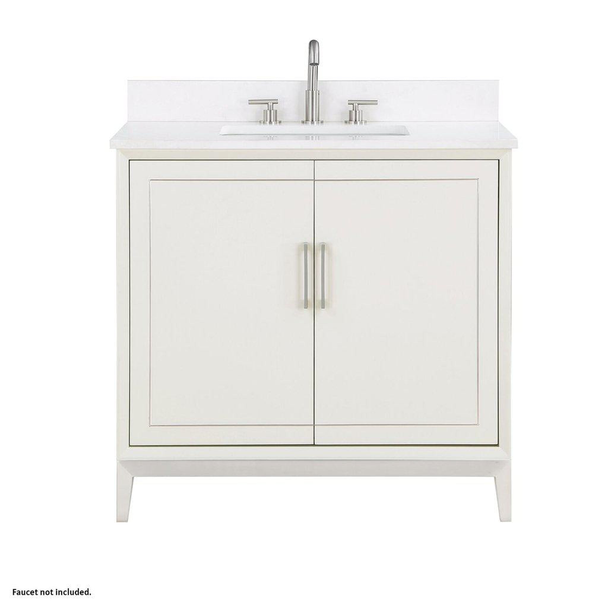 Bemma Design, Bemma Design Gracie 36" Satin White Solid Wood Freestanding Bathroom Vanity With Single 3-Hole White Quartz Vanity Top, Rectangle Undermount Sink, Backsplash and Brushed Nickel Trim