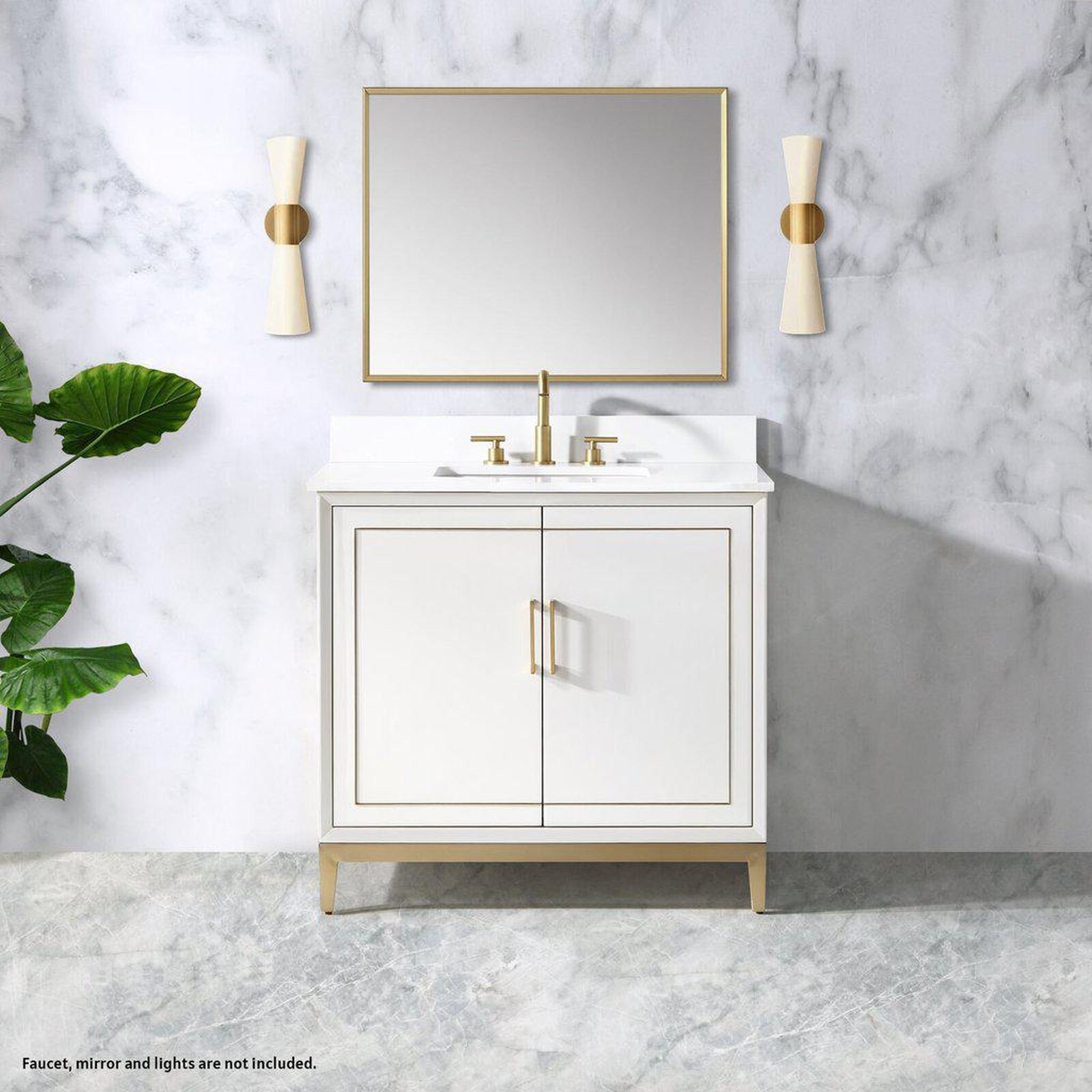 Bemma Design, Bemma Design Gracie 36" Satin White Solid Wood Freestanding Bathroom Vanity With Single 3-Hole White Quartz Vanity Top, Rectangle Undermount Sink, Backsplash and Satin Brass Trim