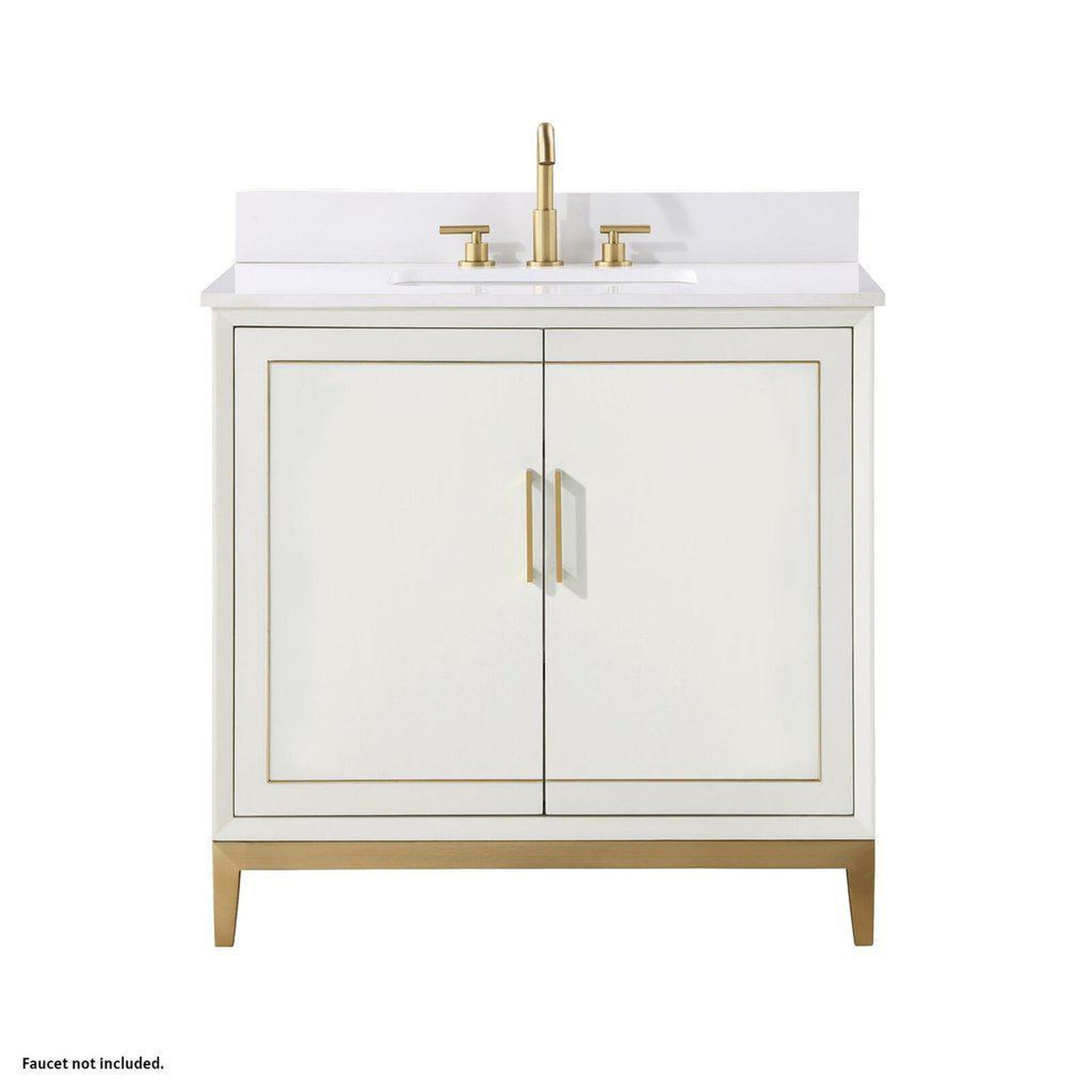 Bemma Design, Bemma Design Gracie 36" Satin White Solid Wood Freestanding Bathroom Vanity With Single 3-Hole White Quartz Vanity Top, Rectangle Undermount Sink, Backsplash and Satin Brass Trim