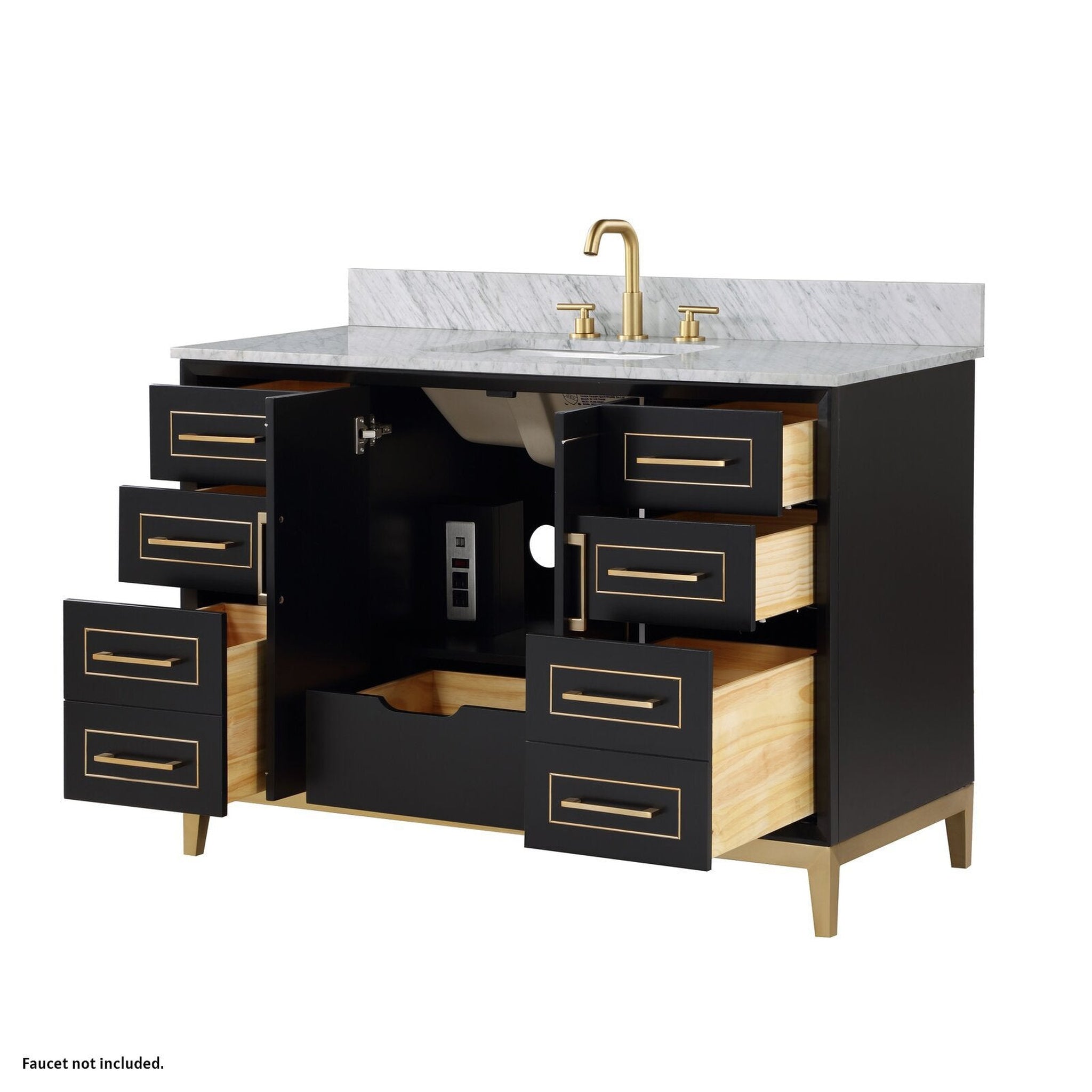 Bemma Design, Bemma Design Gracie 48" Midnight Black Solid Wood Freestanding Bathroom Vanity With Single 3-Hole Italian Carra Marble Vanity Top, Rectangle Undermount Sink, Backsplash and Satin Brass Trim