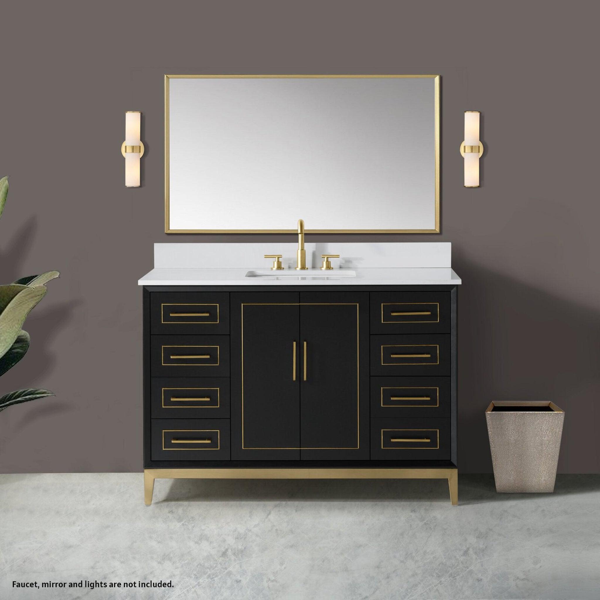 Bemma Design, Bemma Design Gracie 48" Midnight Black Solid Wood Freestanding Bathroom Vanity With Single 3-Hole White Quartz Vanity Top, Rectangle Undermount Sink, Backsplash and Satin Brass Trim