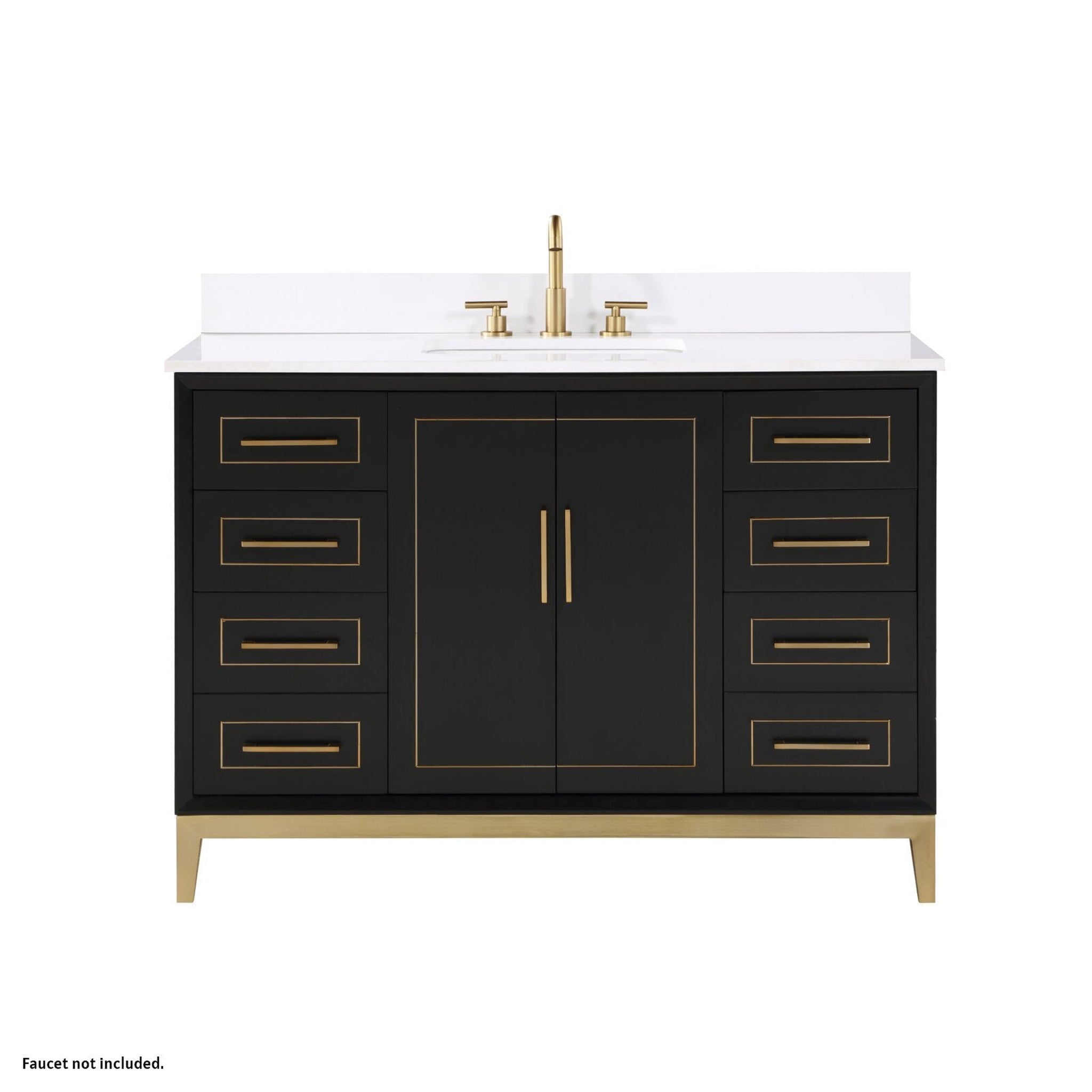 Bemma Design, Bemma Design Gracie 48" Midnight Black Solid Wood Freestanding Bathroom Vanity With Single 3-Hole White Quartz Vanity Top, Rectangle Undermount Sink, Backsplash and Satin Brass Trim