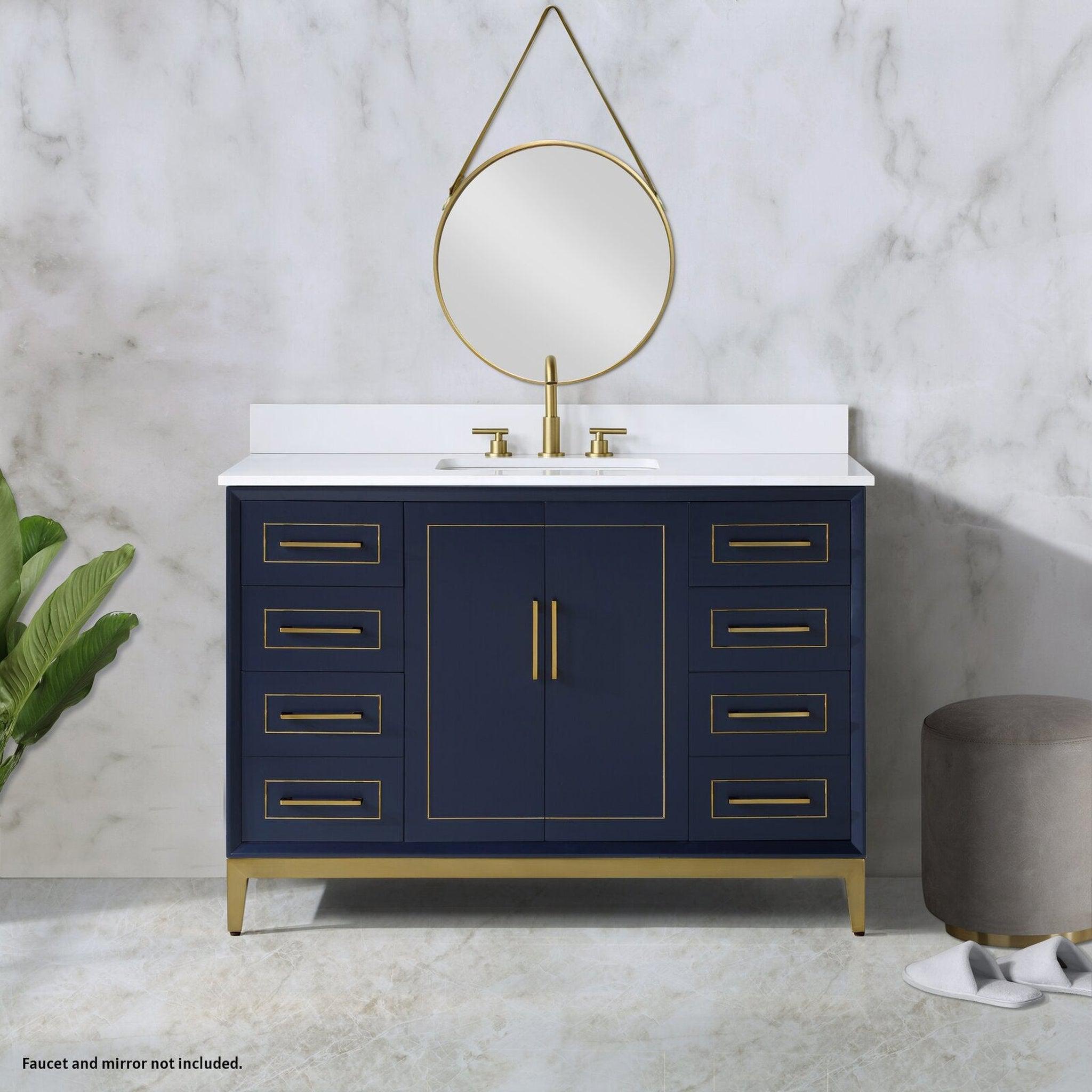 Bemma Design, Bemma Design Gracie 48" Pacific Blue Solid Wood Freestanding Bathroom Vanity With Single 3-Hole White Quartz Vanity Top, Rectangle Undermount Sink, Backsplash and Satin Brass Trim