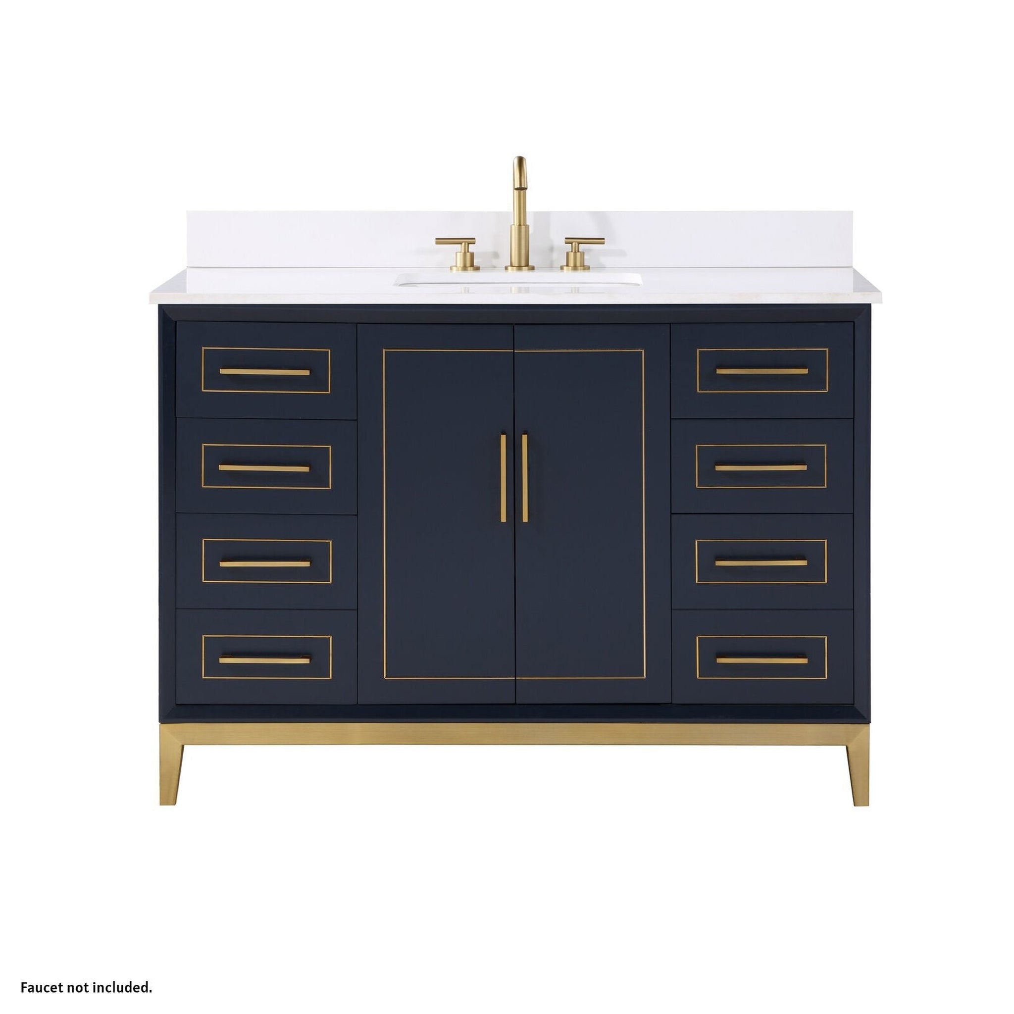 Bemma Design, Bemma Design Gracie 48" Pacific Blue Solid Wood Freestanding Bathroom Vanity With Single 3-Hole White Quartz Vanity Top, Rectangle Undermount Sink, Backsplash and Satin Brass Trim