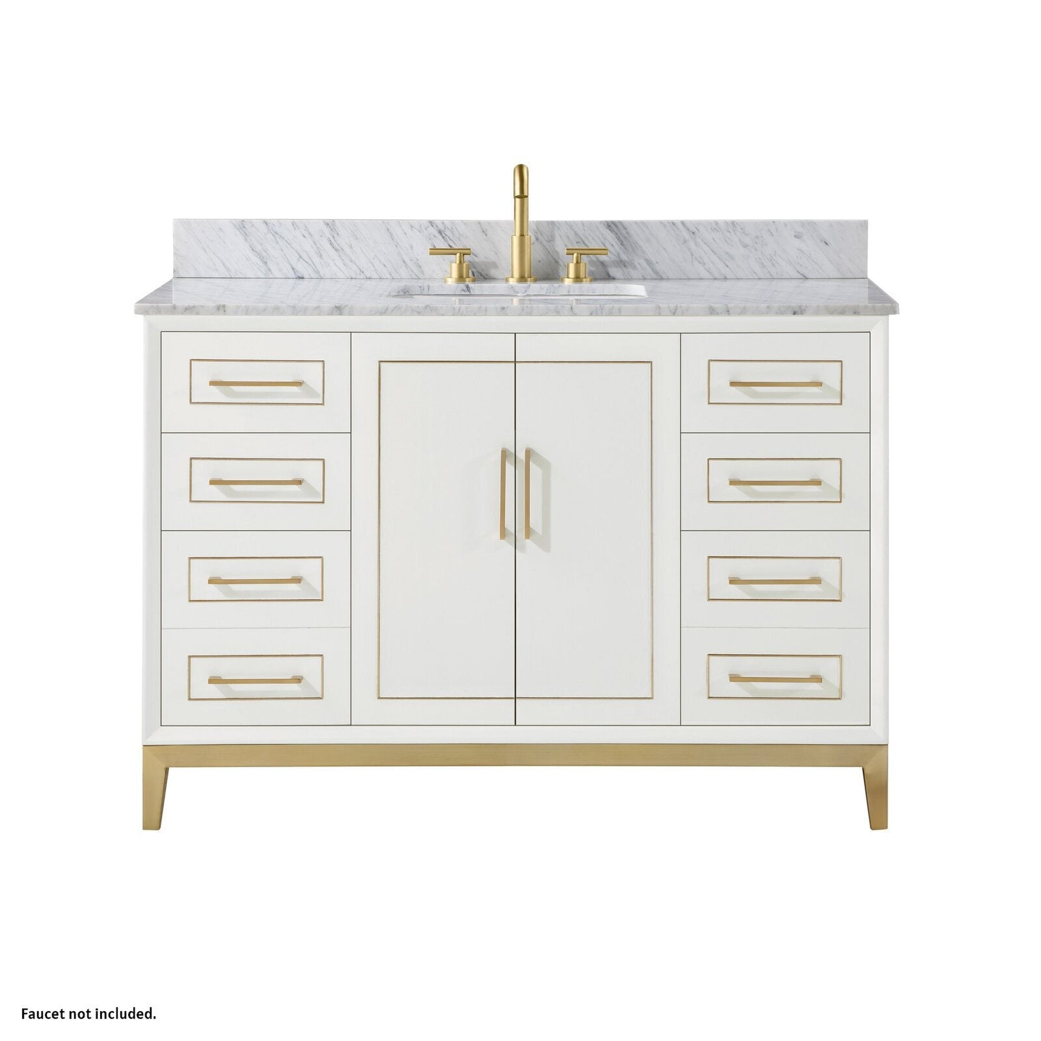 Bemma Design, Bemma Design Gracie 48" Satin White Solid Wood Freestanding Bathroom Vanity With Single 3-Hole Italian Carra Marble Vanity Top, Rectangle Undermount Sink, Backsplash and Satin Brass Trim