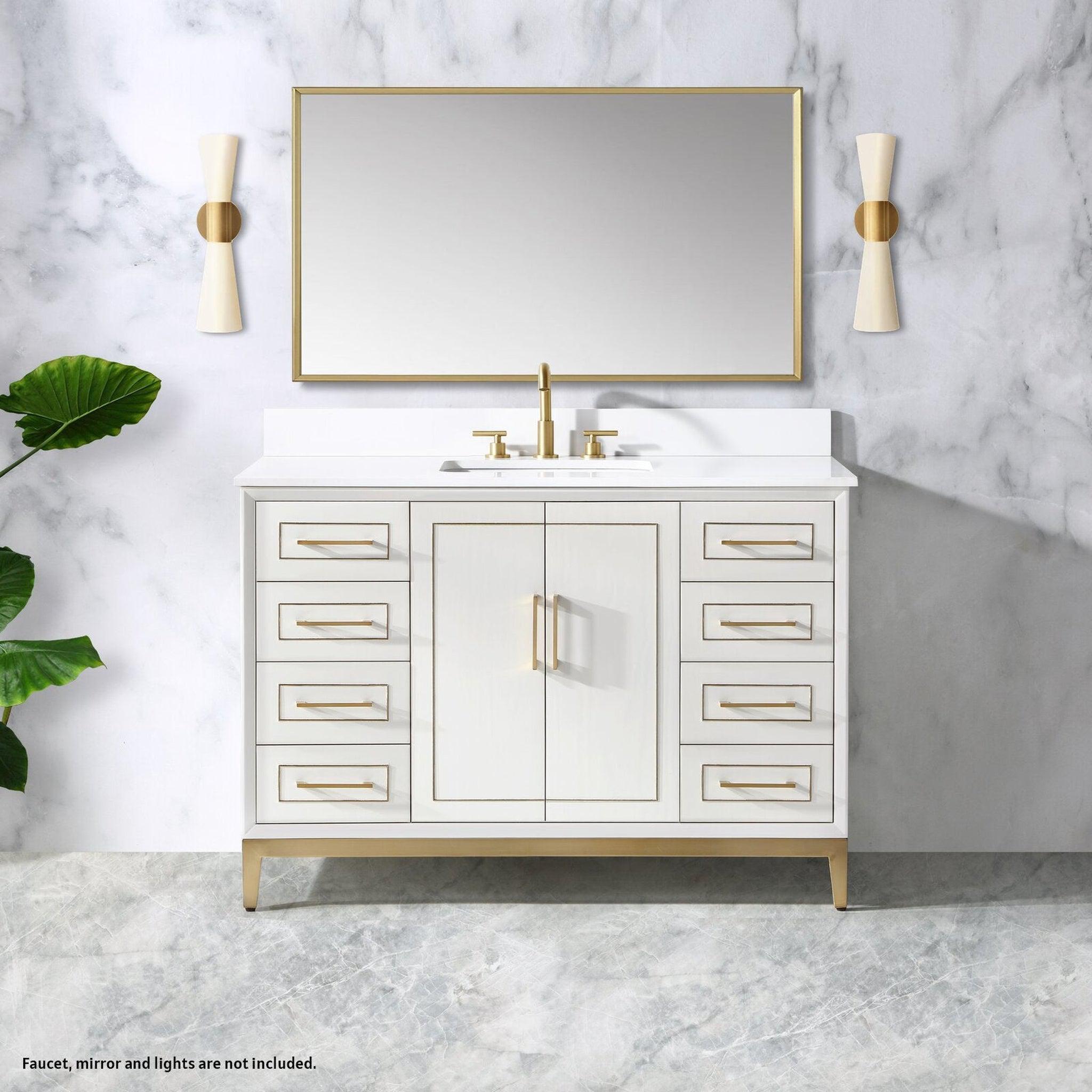 Bemma Design, Bemma Design Gracie 48" Satin White Solid Wood Freestanding Bathroom Vanity With Single 3-Hole White Quartz Vanity Top, Rectangle Undermount Sink, Backsplash and Satin Brass Trim