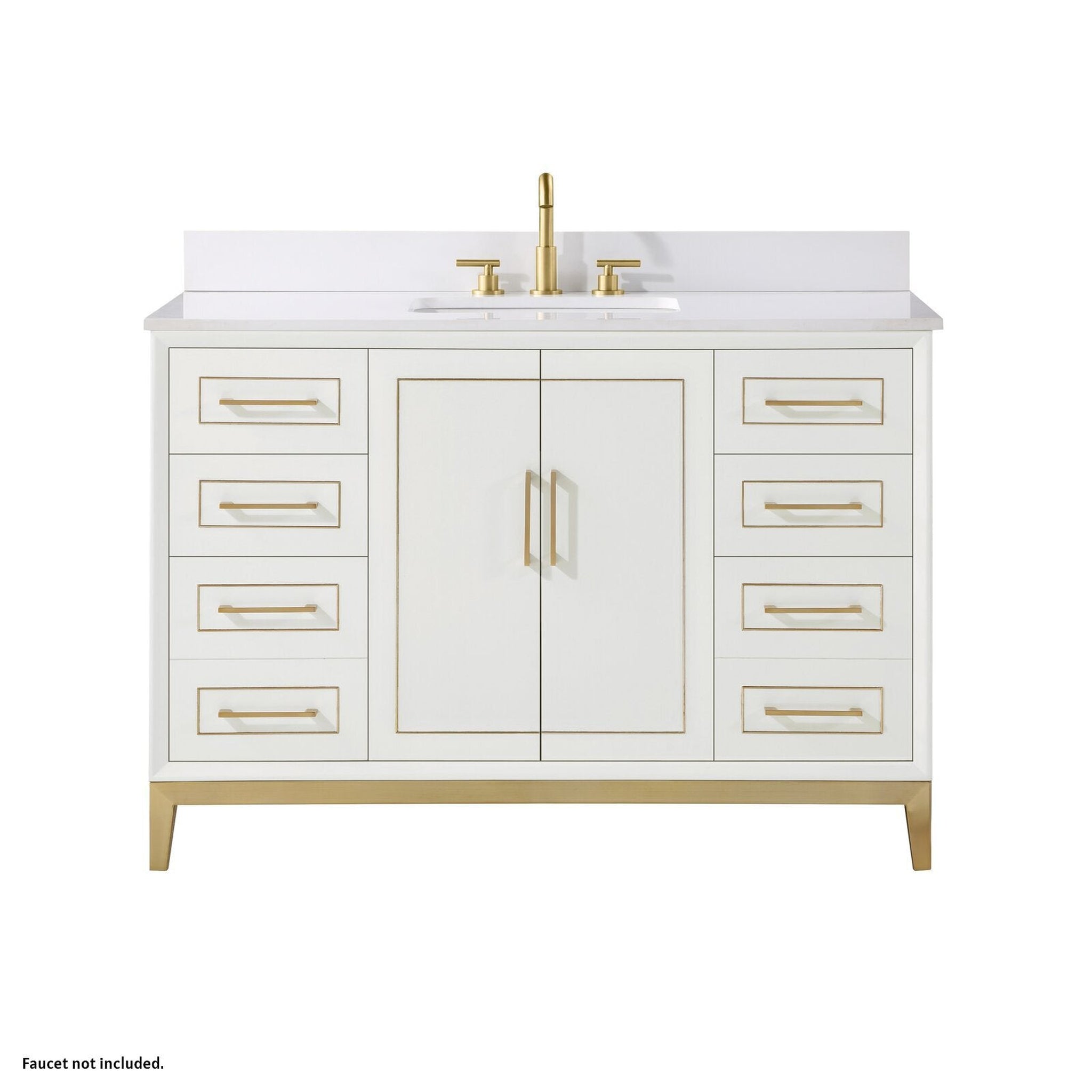 Bemma Design, Bemma Design Gracie 48" Satin White Solid Wood Freestanding Bathroom Vanity With Single 3-Hole White Quartz Vanity Top, Rectangle Undermount Sink, Backsplash and Satin Brass Trim