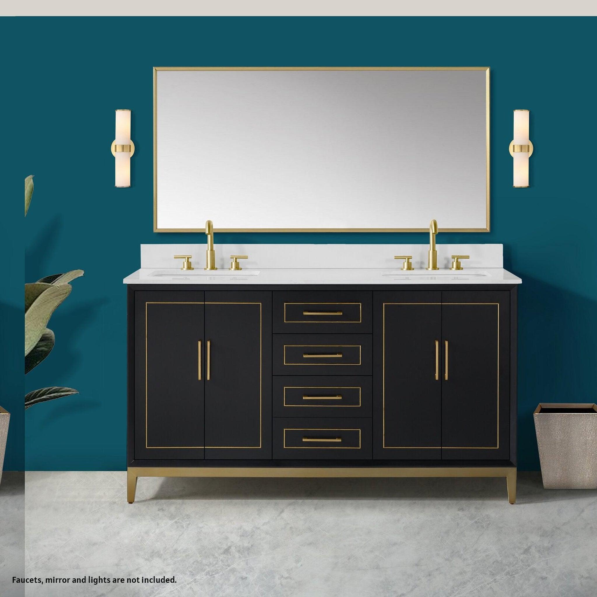 Bemma Design, Bemma Design Gracie 60" Midnight Black Solid Wood Freestanding Bathroom Vanity With Double 3-Hole White Quartz Vanity Top, Rectangle Undermount Sink, Backsplash and Satin Brass Trim