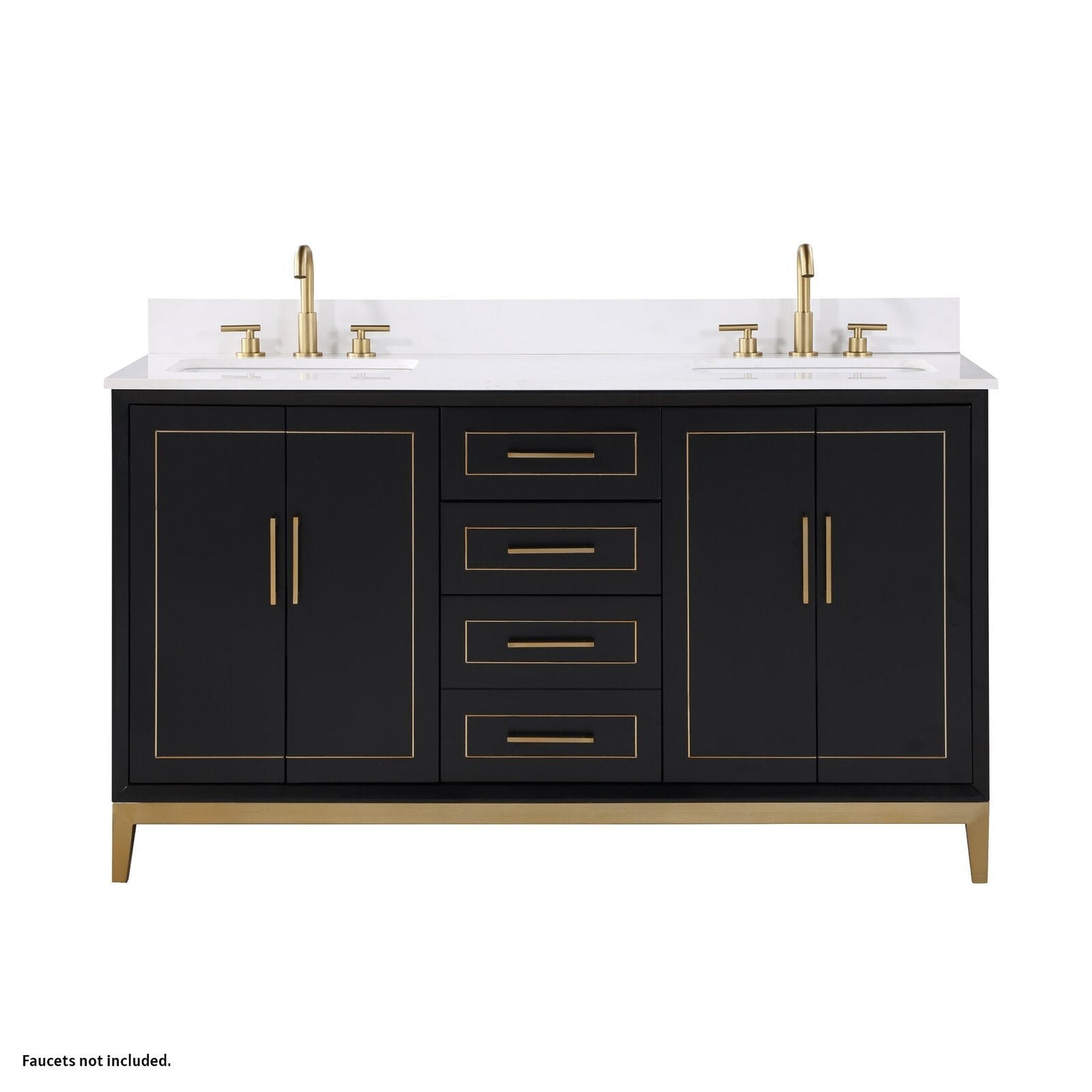 Bemma Design, Bemma Design Gracie 60" Midnight Black Solid Wood Freestanding Bathroom Vanity With Double 3-Hole White Quartz Vanity Top, Rectangle Undermount Sink, Backsplash and Satin Brass Trim