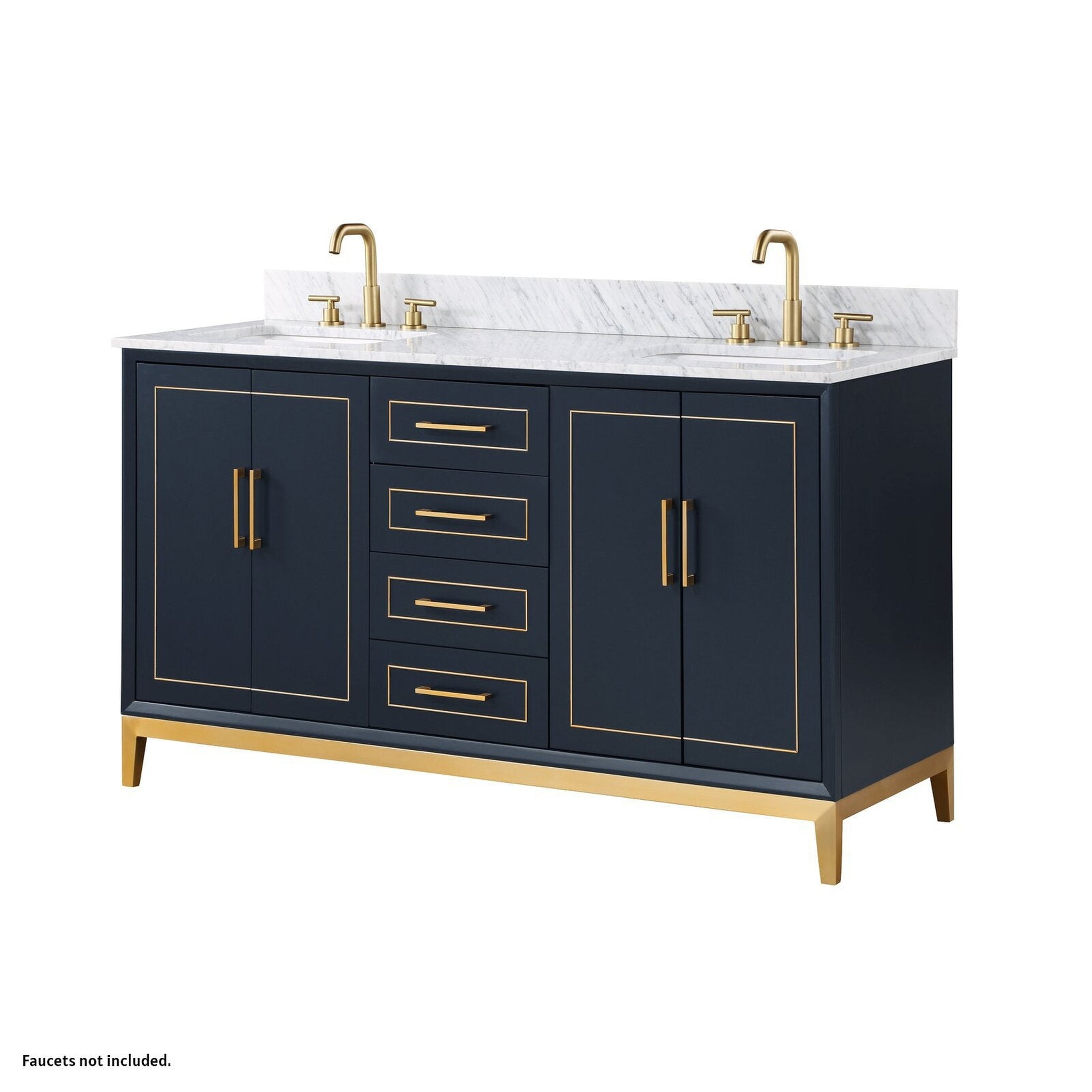 Bemma Design, Bemma Design Gracie 60" Pacific Blue Solid Wood Freestanding Bathroom Vanity With Double 3-Hole Italian Carra Marble Vanity Top, Rectangle Undermount Sink, Backsplash and Satin Brass Trim