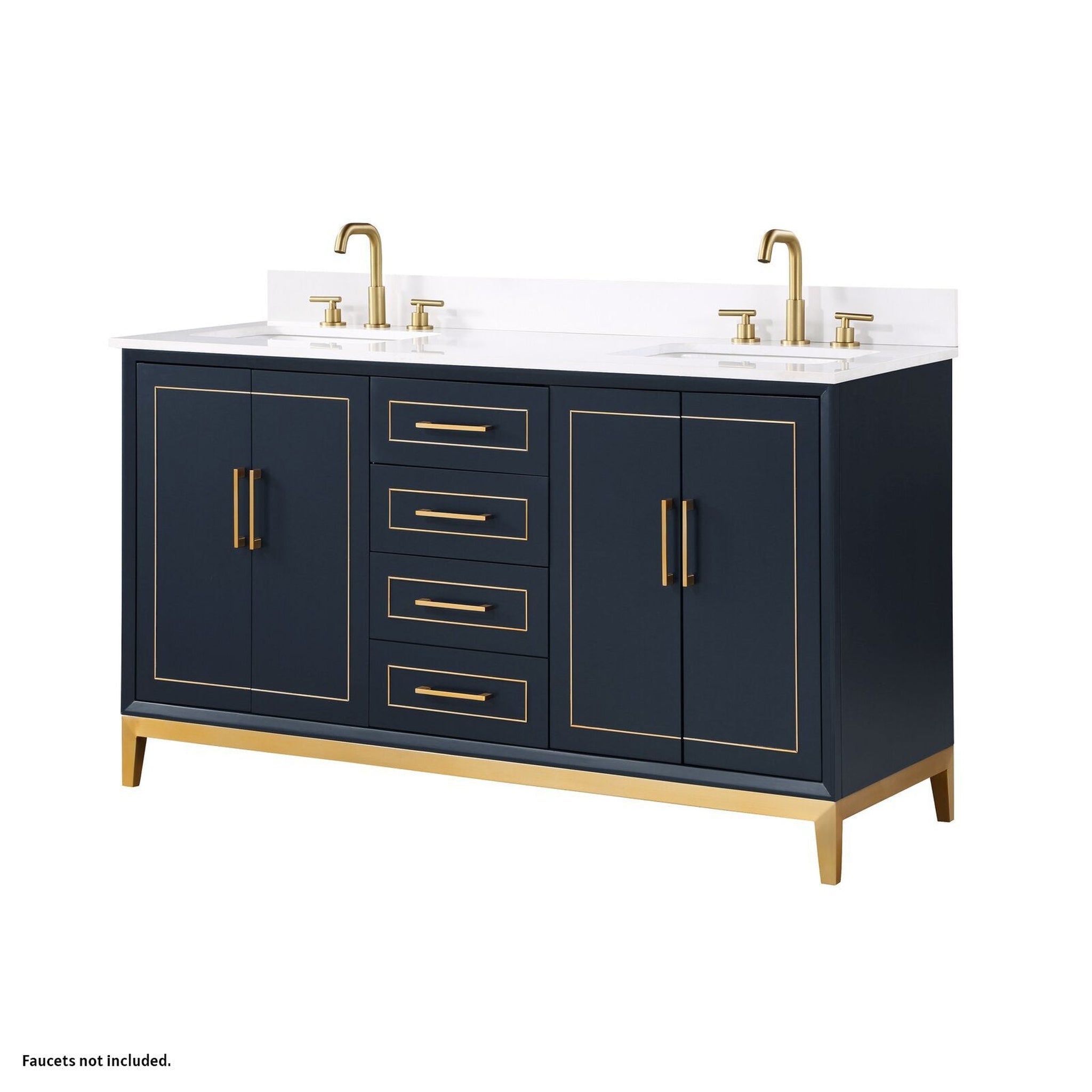 Bemma Design, Bemma Design Gracie 60" Pacific Blue Solid Wood Freestanding Bathroom Vanity With Double 3-Hole White Quartz Vanity Top, Rectangle Undermount Sink, Backsplash and Satin Brass Trim