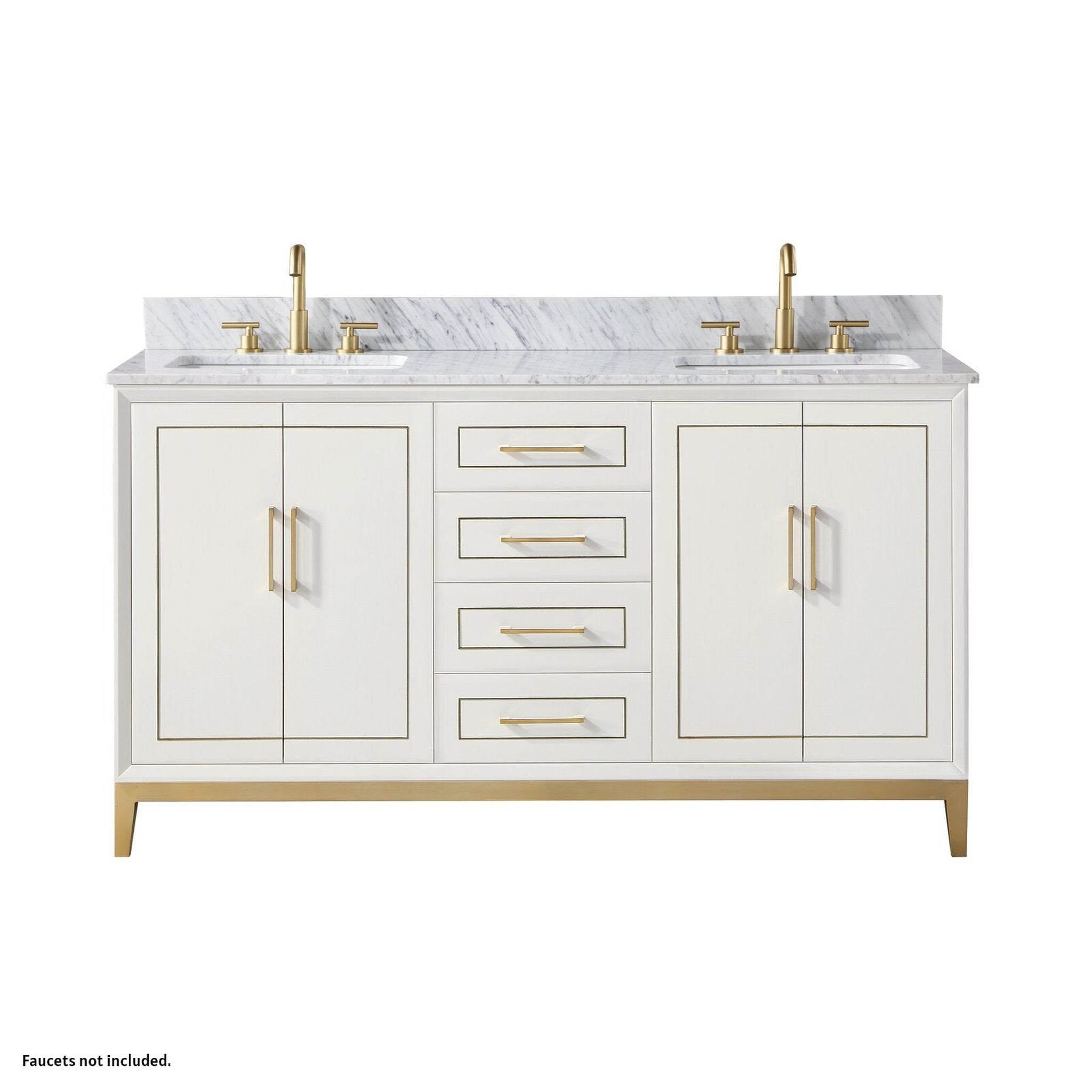 Bemma Design, Bemma Design Gracie 60" Satin White Solid Wood Freestanding Bathroom Vanity With Double 3-Hole Italian Carra Marble Vanity Top, Rectangle Undermount Sink, Backsplash and Satin Brass Trim