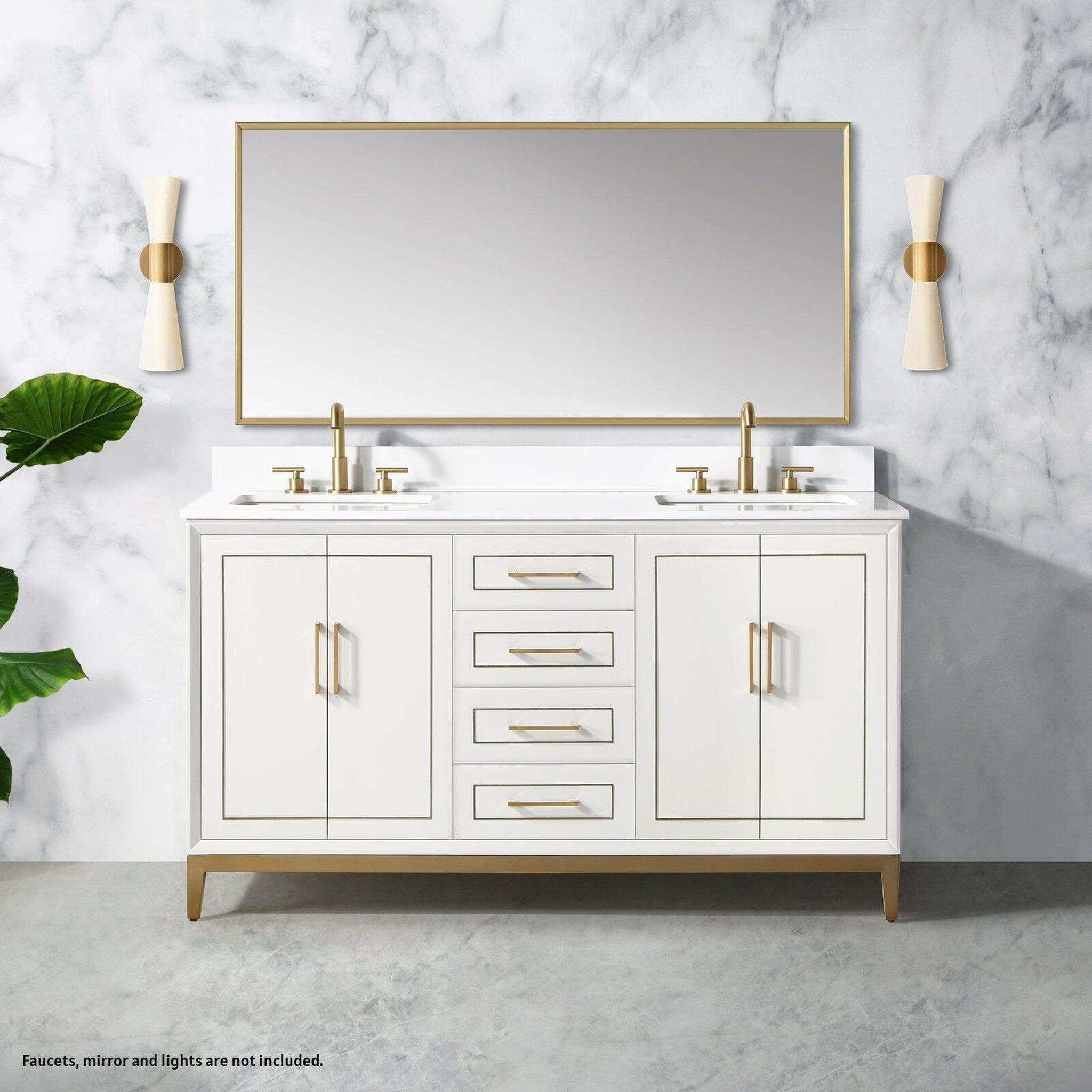 Bemma Design, Bemma Design Gracie 60" Satin White Solid Wood Freestanding Bathroom Vanity With Double 3-Hole White Quartz Vanity Top, Rectangle Undermount Sink, Backsplash and Satin Brass Trim