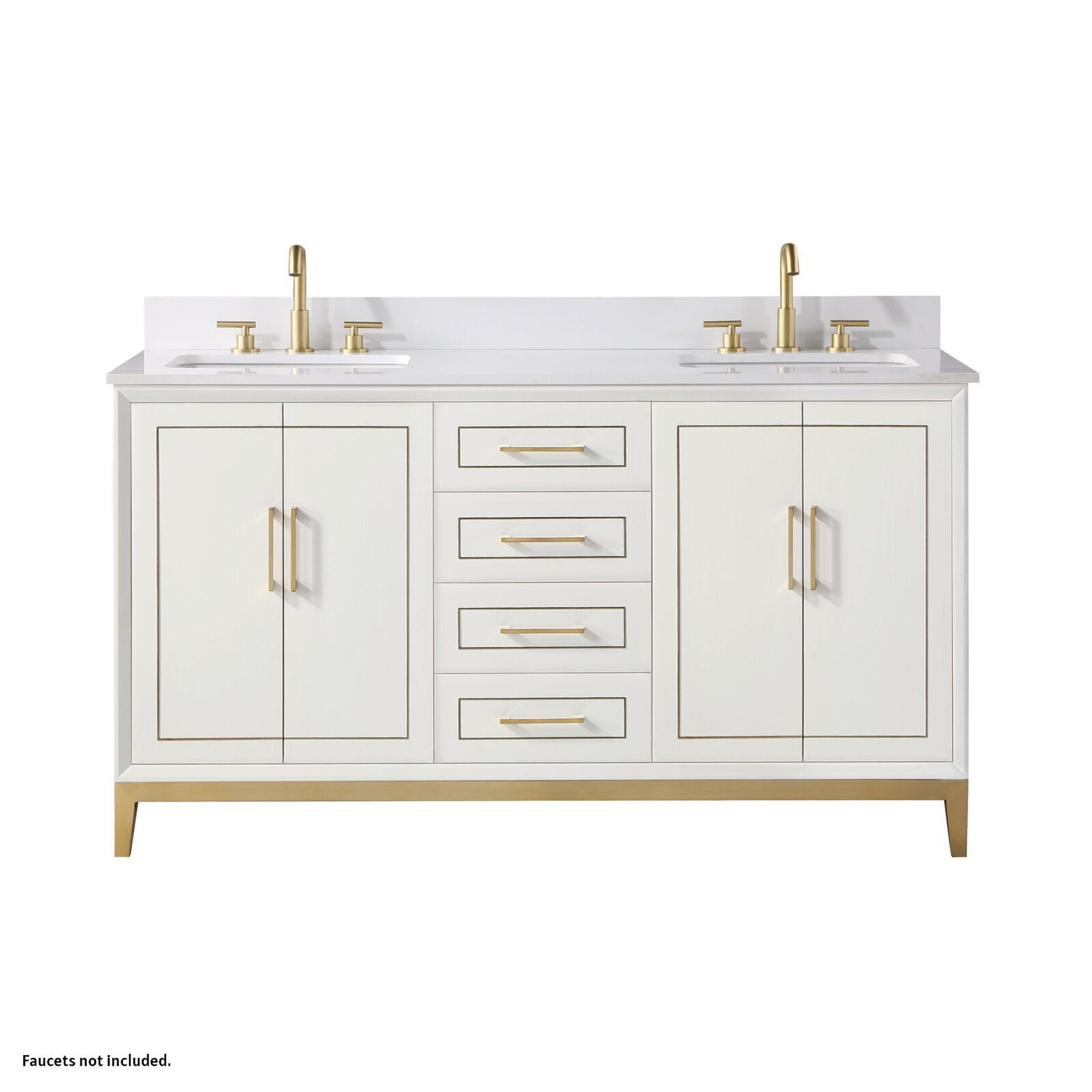 Bemma Design, Bemma Design Gracie 60" Satin White Solid Wood Freestanding Bathroom Vanity With Double 3-Hole White Quartz Vanity Top, Rectangle Undermount Sink, Backsplash and Satin Brass Trim