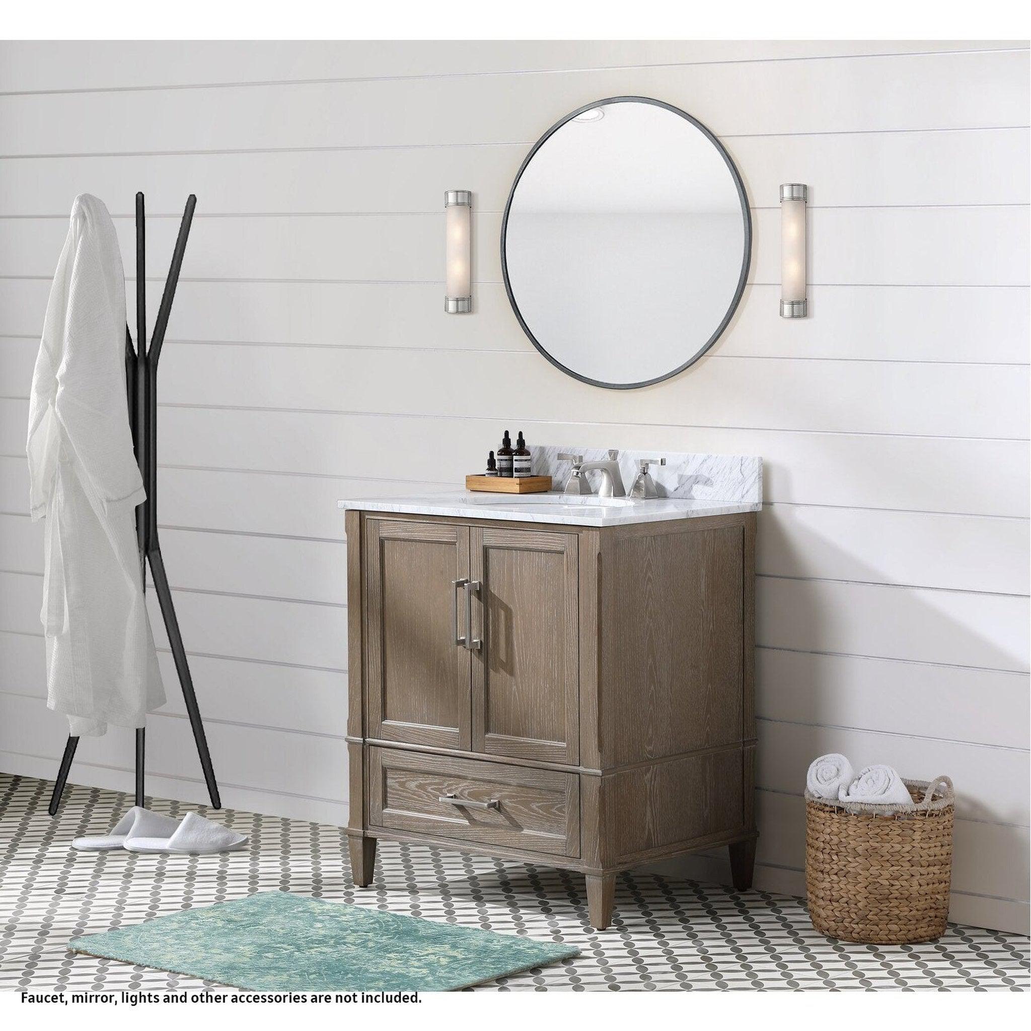 Bemma Design, Bemma Design Montauk 30" Age Light Oak Solid Wood Freestanding Bathroom Vanity With Single 3-Hole Italian Carra Marble Vanity Top, Oval Undermount Sink, and Backsplash