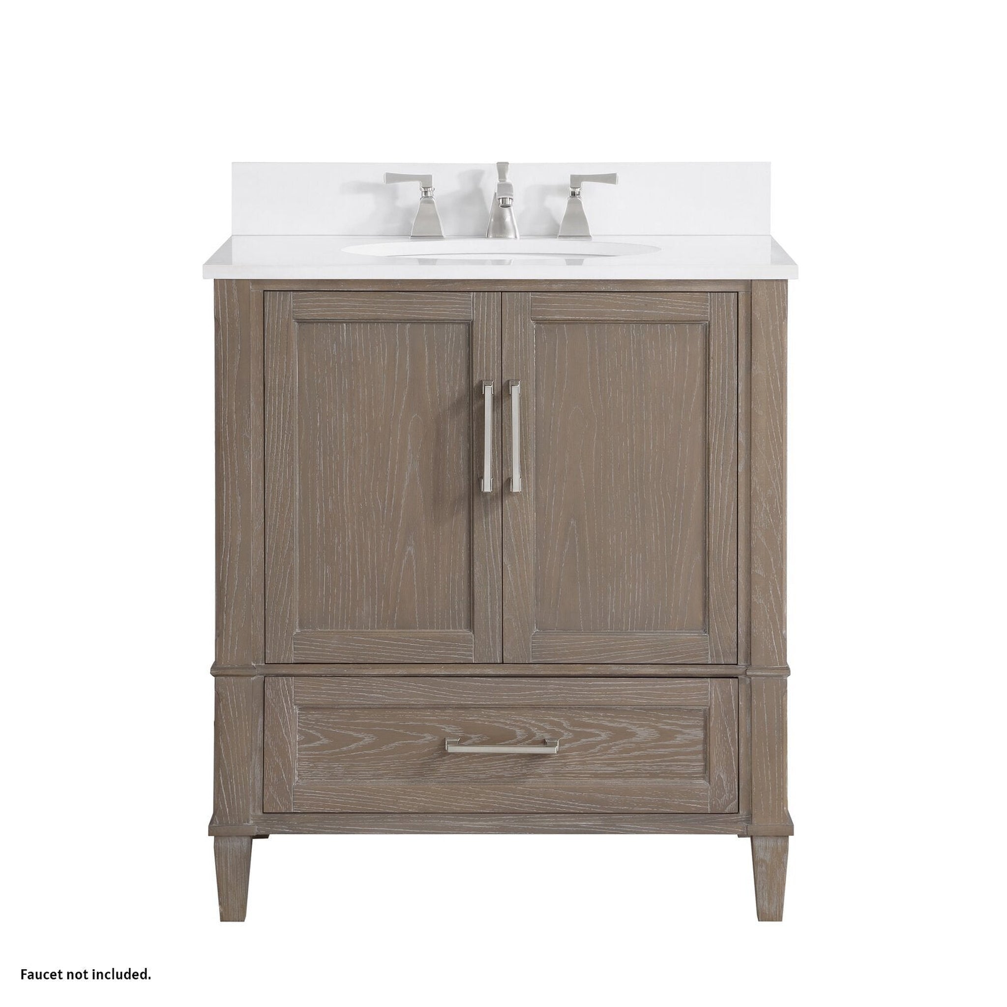 Bemma Design, Bemma Design Montauk 30" Age Light Oak Solid Wood Freestanding Bathroom Vanity With Single 3-Hole White Quartz Vanity Top, Oval Undermount Sink, and Backsplash