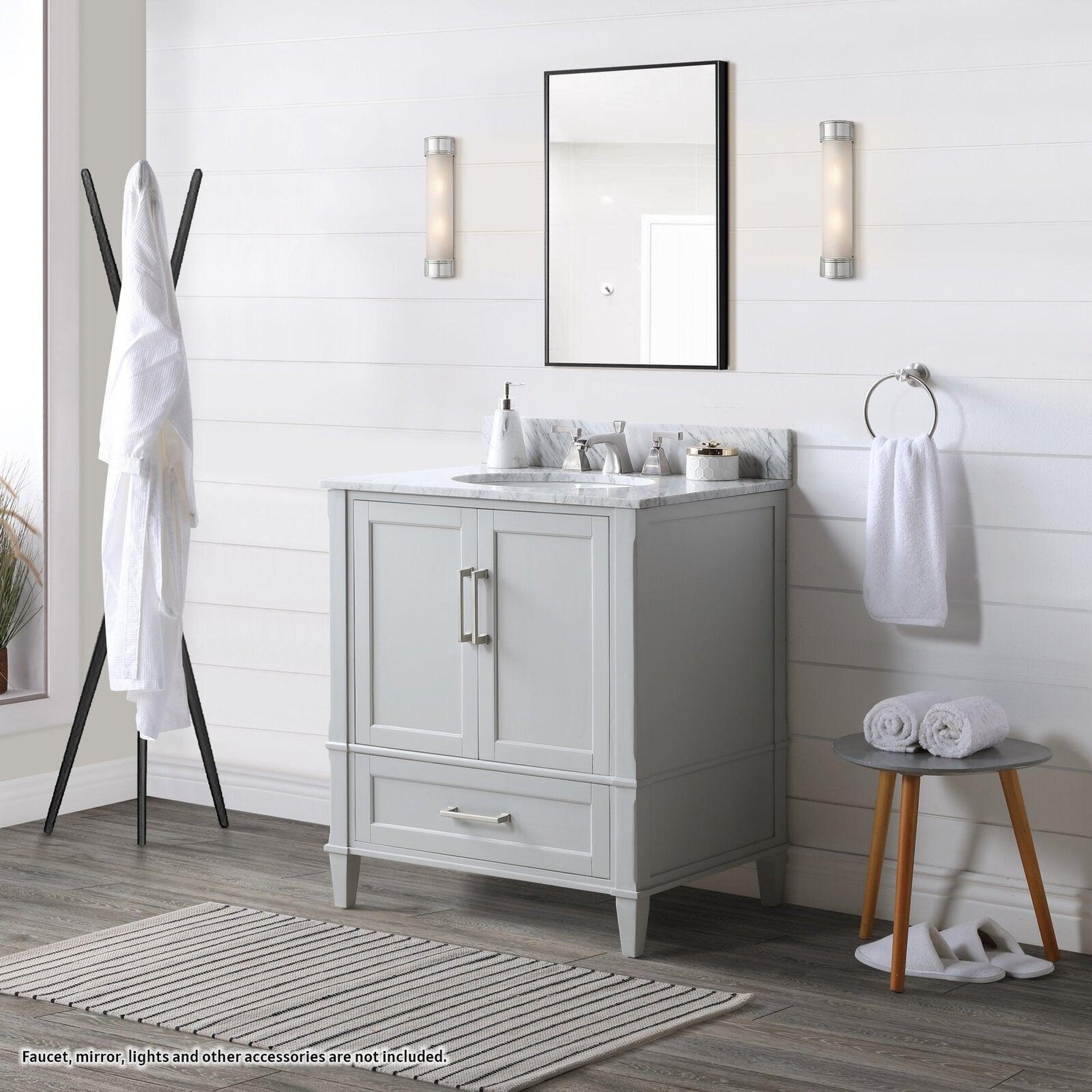 Bemma Design, Bemma Design Montauk 30" Morning Fog Gray Solid Wood Freestanding Bathroom Vanity With Single 3-Hole Italian Carra Marble Vanity Top, Oval Undermount Sink, and Backsplash