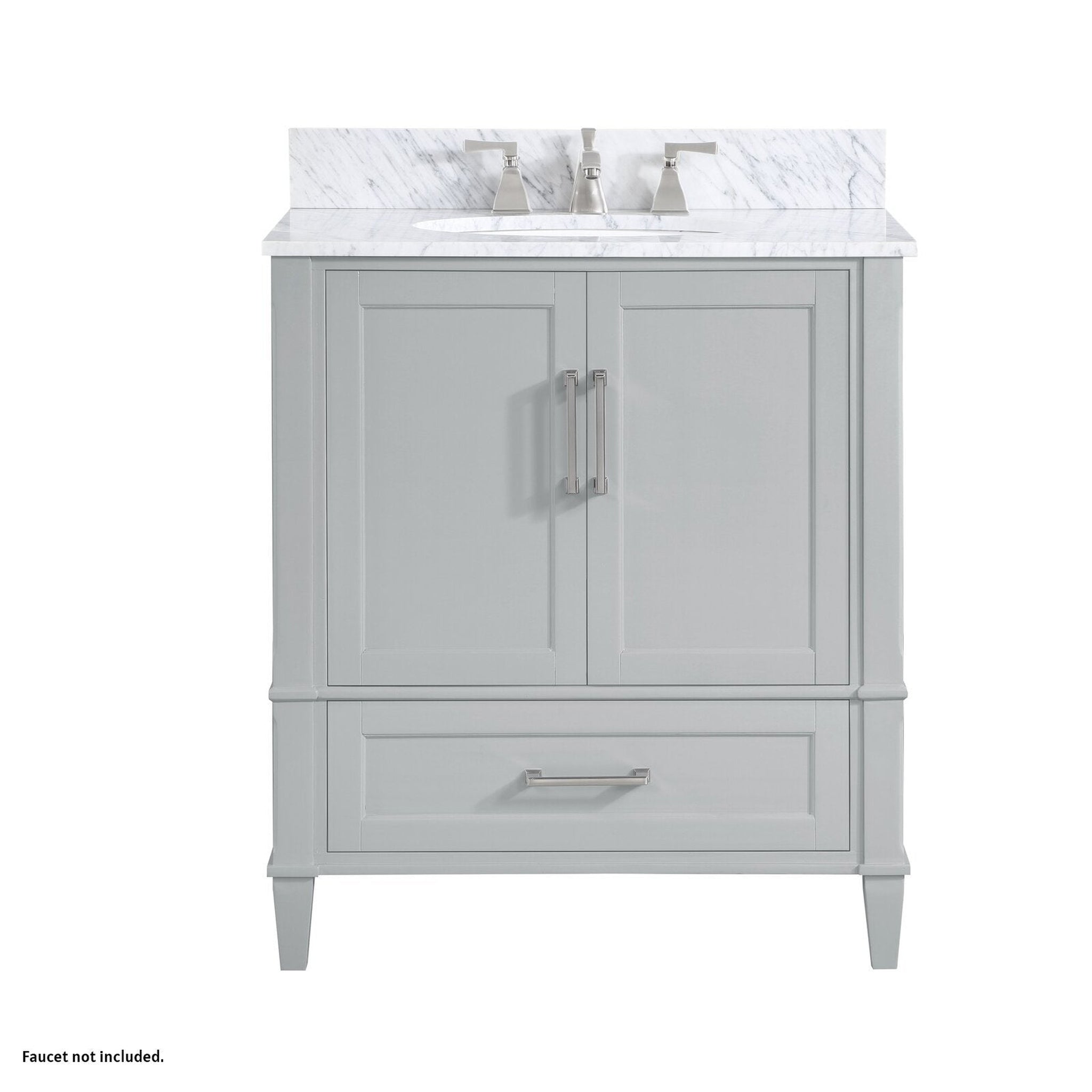 Bemma Design, Bemma Design Montauk 30" Morning Fog Gray Solid Wood Freestanding Bathroom Vanity With Single 3-Hole Italian Carra Marble Vanity Top, Oval Undermount Sink, and Backsplash