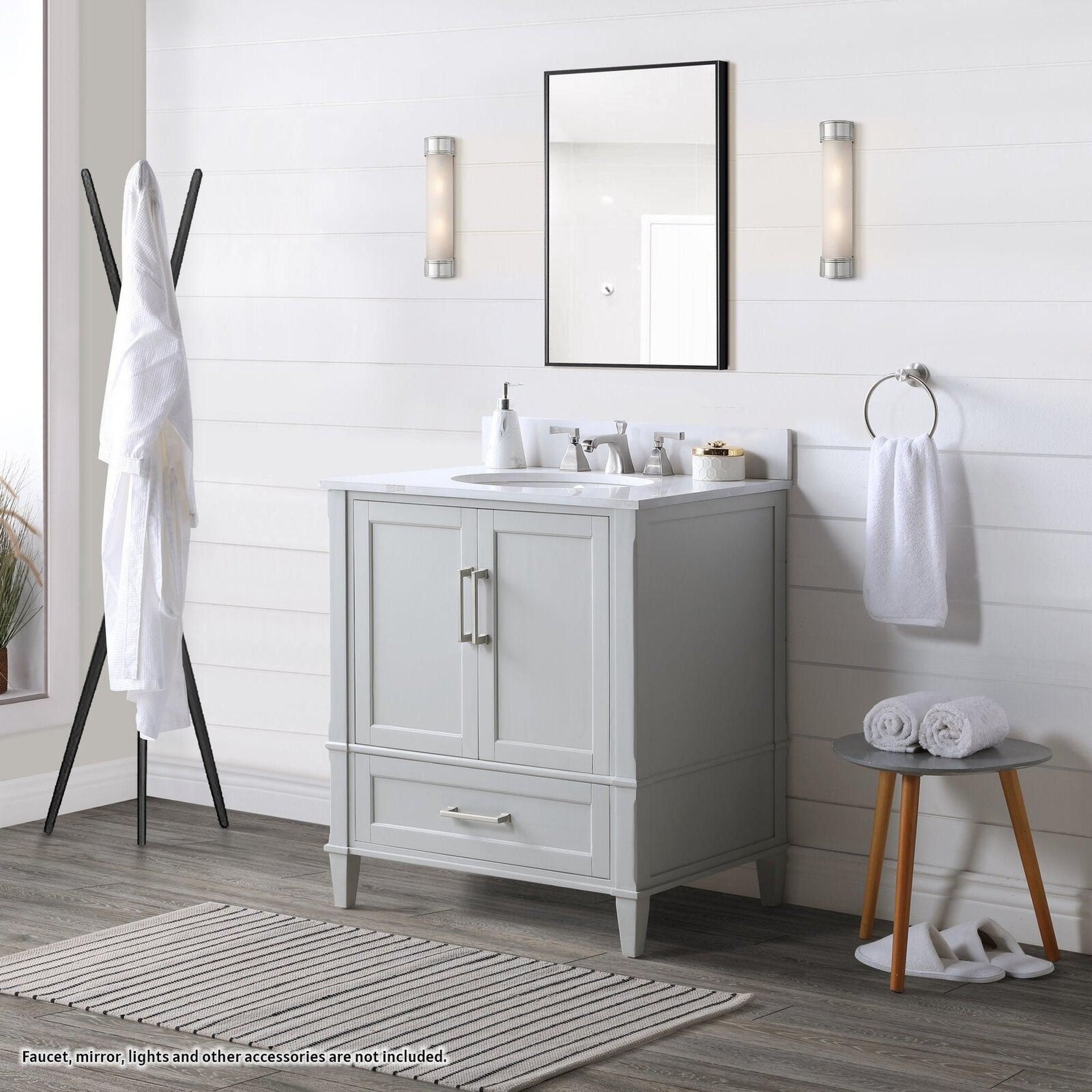 Bemma Design, Bemma Design Montauk 30" Morning Fog Gray Solid Wood Freestanding Bathroom Vanity With Single 3-Hole White Quartz Vanity Top, Oval Undermount Sink, and Backsplash