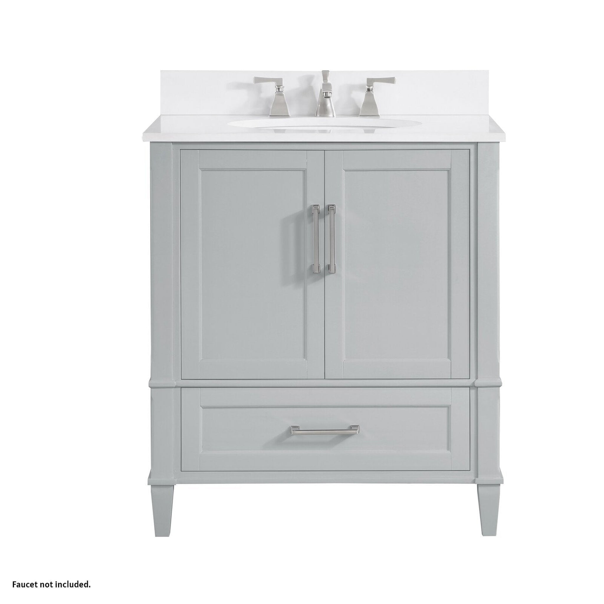 Bemma Design, Bemma Design Montauk 30" Morning Fog Gray Solid Wood Freestanding Bathroom Vanity With Single 3-Hole White Quartz Vanity Top, Oval Undermount Sink, and Backsplash