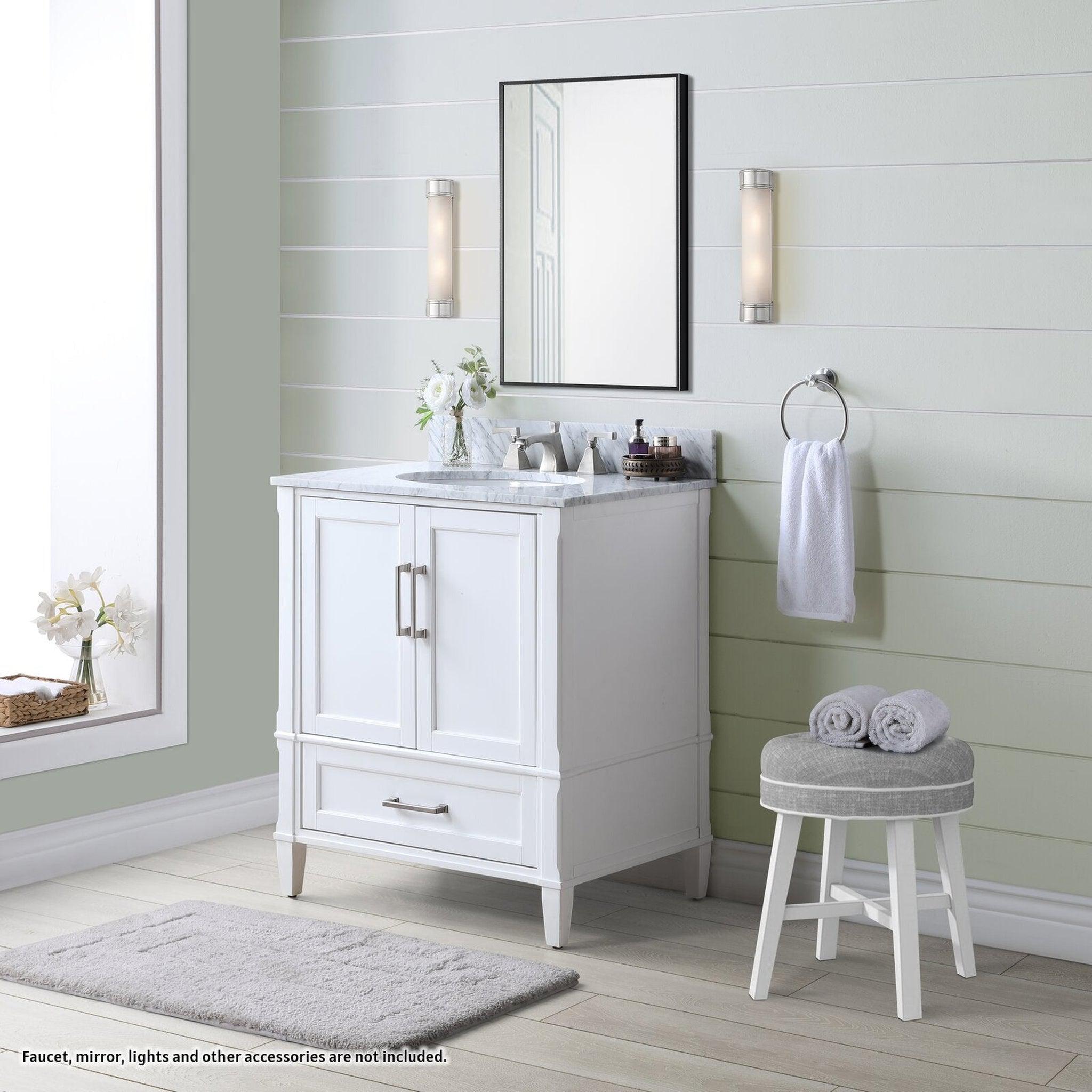 Bemma Design, Bemma Design Montauk 30" Pure White Solid Wood Freestanding Bathroom Vanity With Single 3-Hole Italian Carra Marble Vanity Top, Oval Undermount Sink, and Backsplash