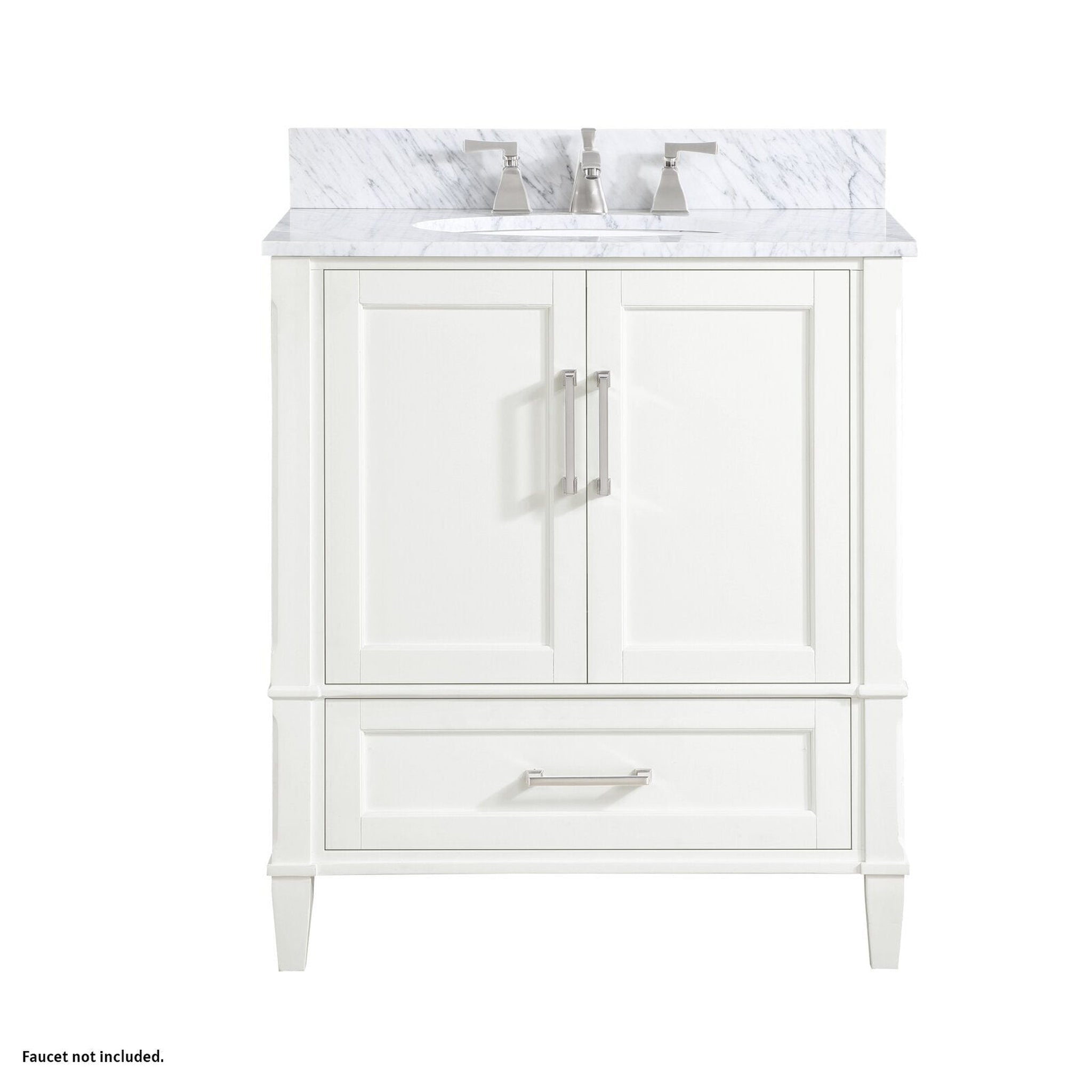 Bemma Design, Bemma Design Montauk 30" Pure White Solid Wood Freestanding Bathroom Vanity With Single 3-Hole Italian Carra Marble Vanity Top, Oval Undermount Sink, and Backsplash