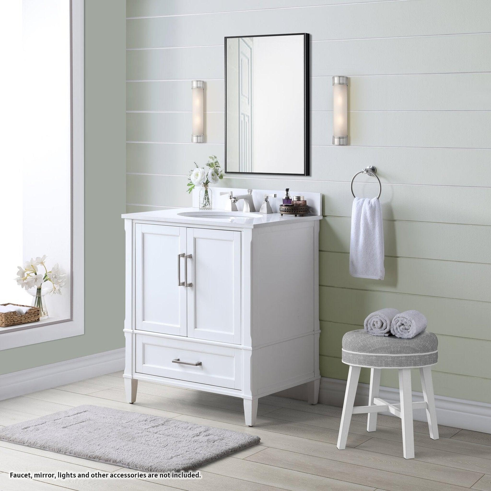 Bemma Design, Bemma Design Montauk 30" Pure White Solid Wood Freestanding Bathroom Vanity With Single 3-Hole White Quartz Vanity Top, Oval Undermount Sink, and Backsplash