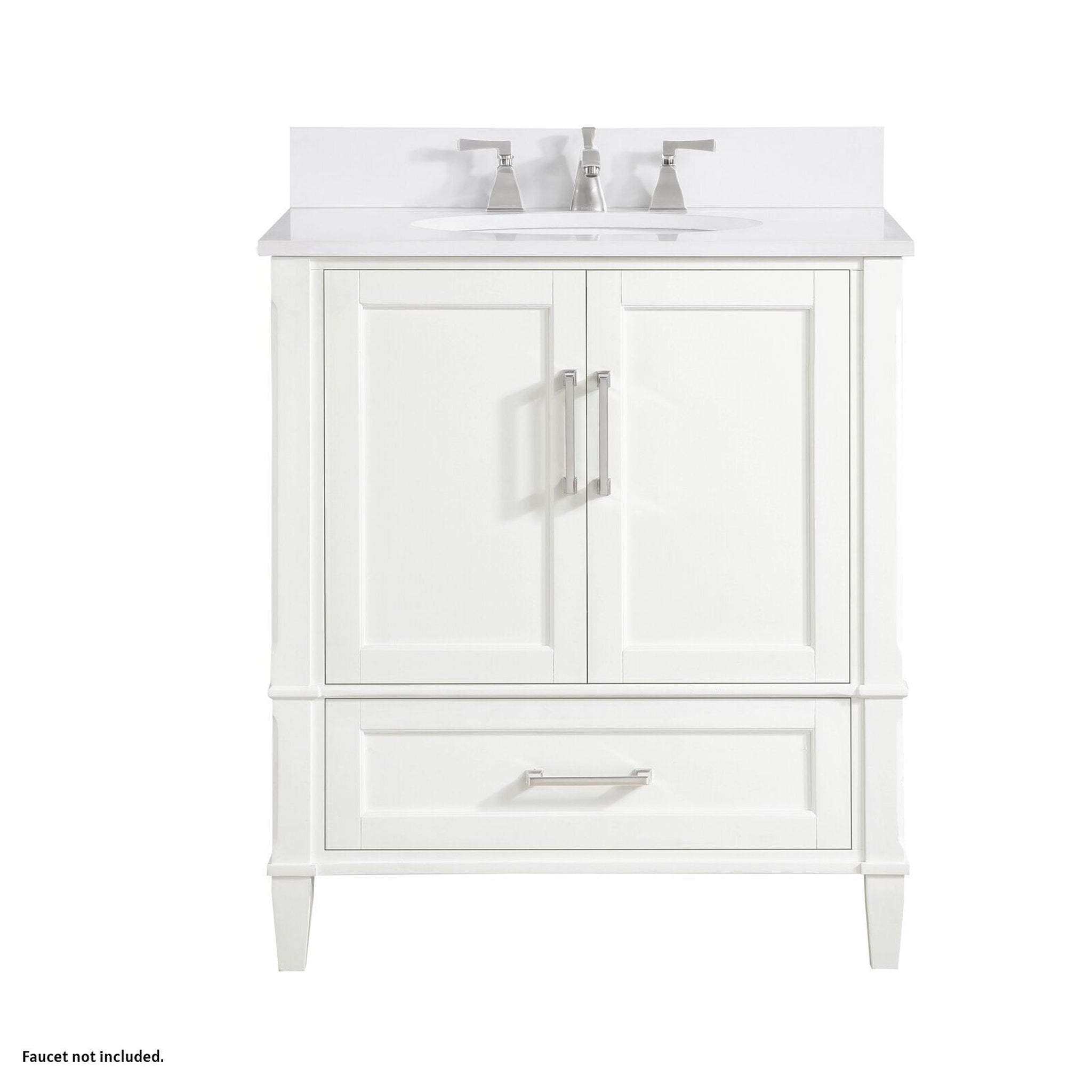 Bemma Design, Bemma Design Montauk 30" Pure White Solid Wood Freestanding Bathroom Vanity With Single 3-Hole White Quartz Vanity Top, Oval Undermount Sink, and Backsplash